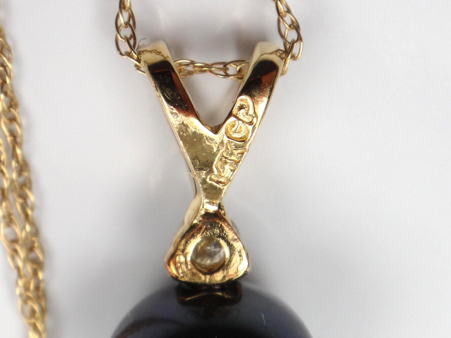 Vintage 14k Gold Black Pearl and Diamond Drop Necklace: 8 mm 18"-BelmarJewelers