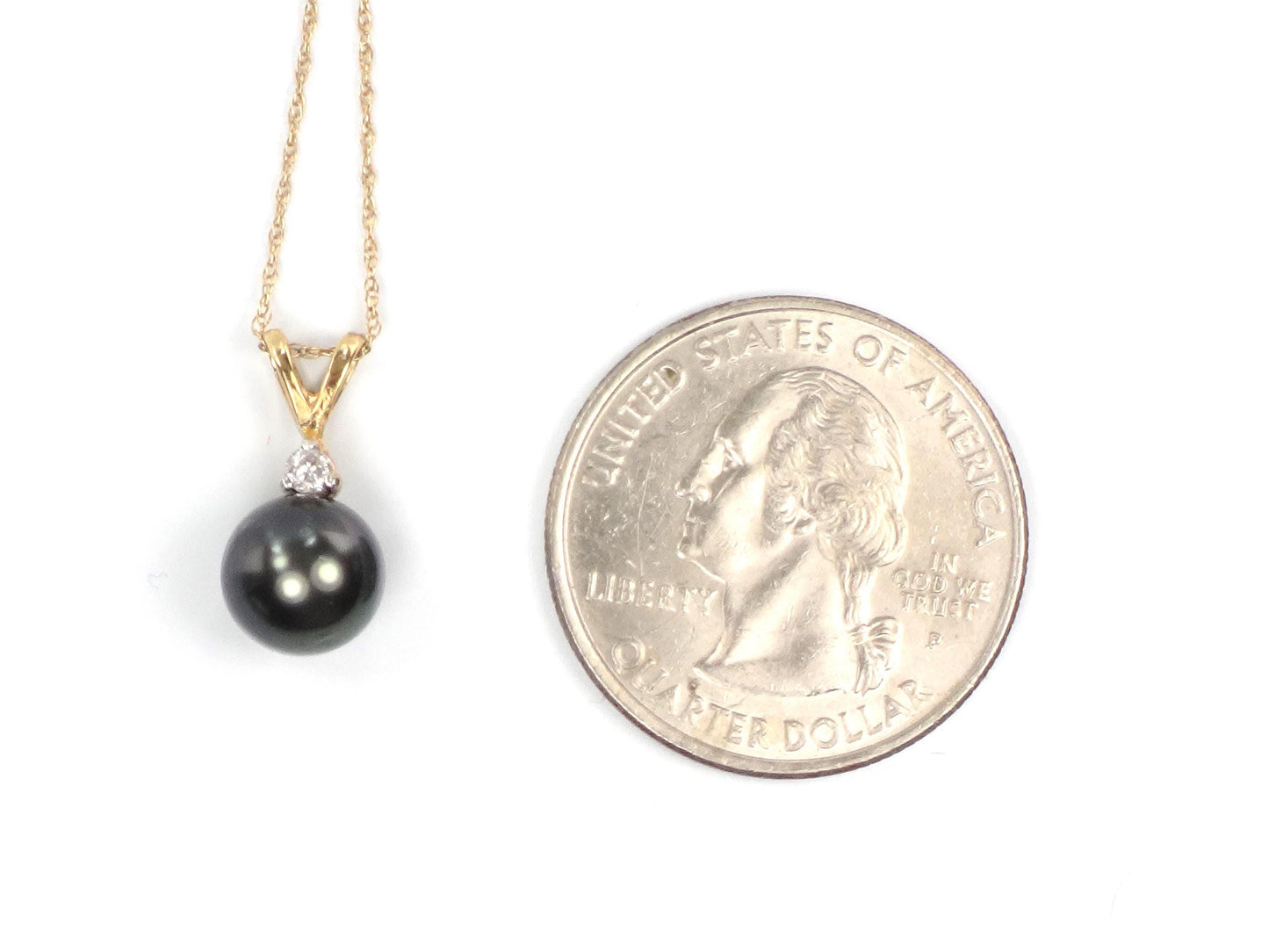 Vintage 14k Gold Black Pearl and Diamond Drop Necklace: 8 mm 18"-BelmarJewelers
