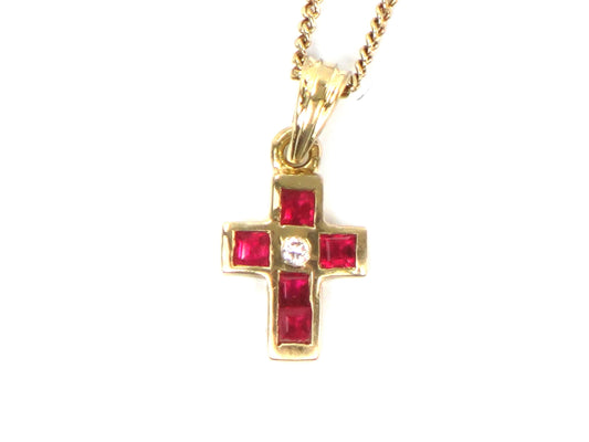 Vintage 18k Gold Ruby and Diamond Cross Necklace 16"-BelmarJewelers