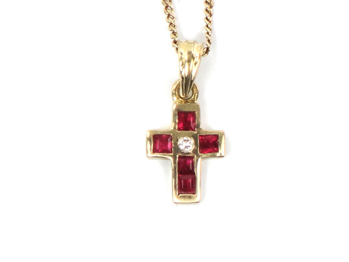 Vintage 18k Gold Ruby and Diamond Cross Necklace 16"-BelmarJewelers