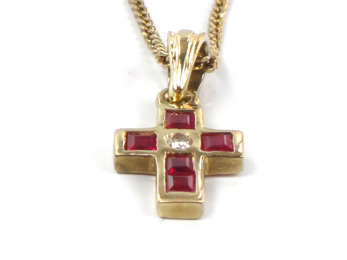 Vintage 18k Gold Ruby and Diamond Cross Necklace 16"-BelmarJewelers