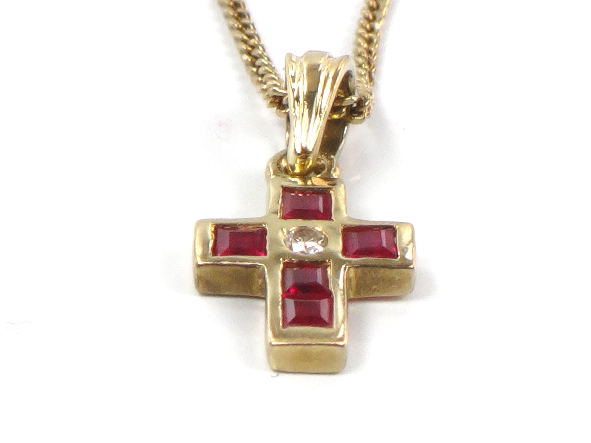 Vintage 18k Gold Ruby and Diamond Cross Necklace 16"-BelmarJewelers