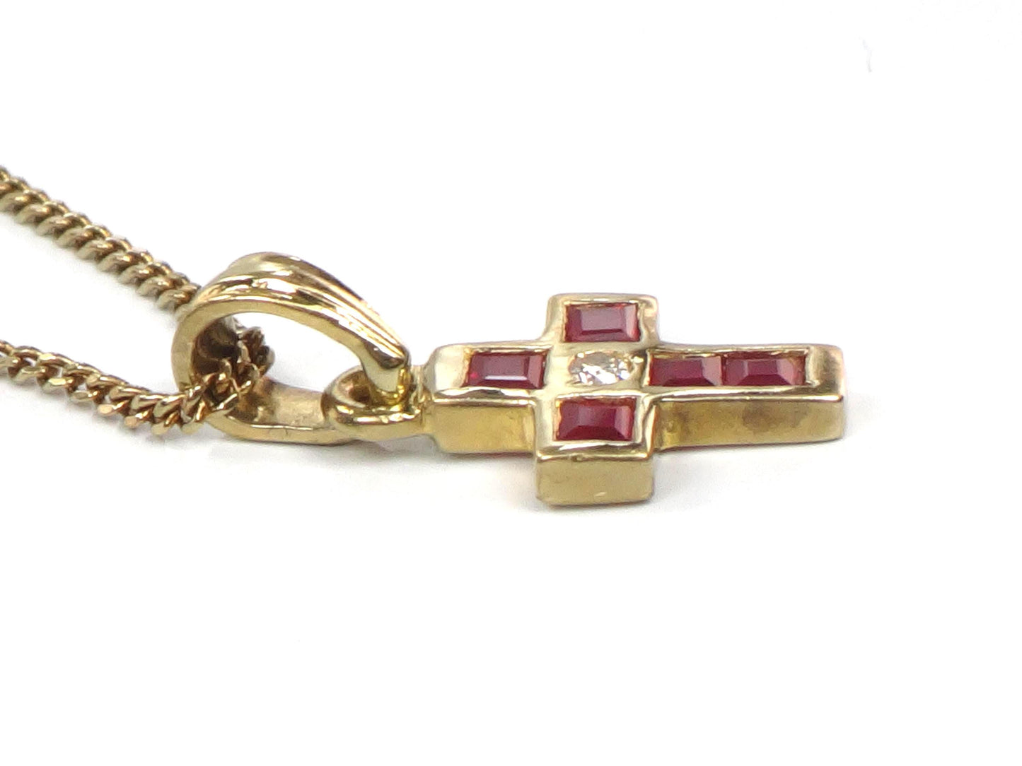 Vintage 18k Gold Ruby and Diamond Cross Necklace 16"-BelmarJewelers