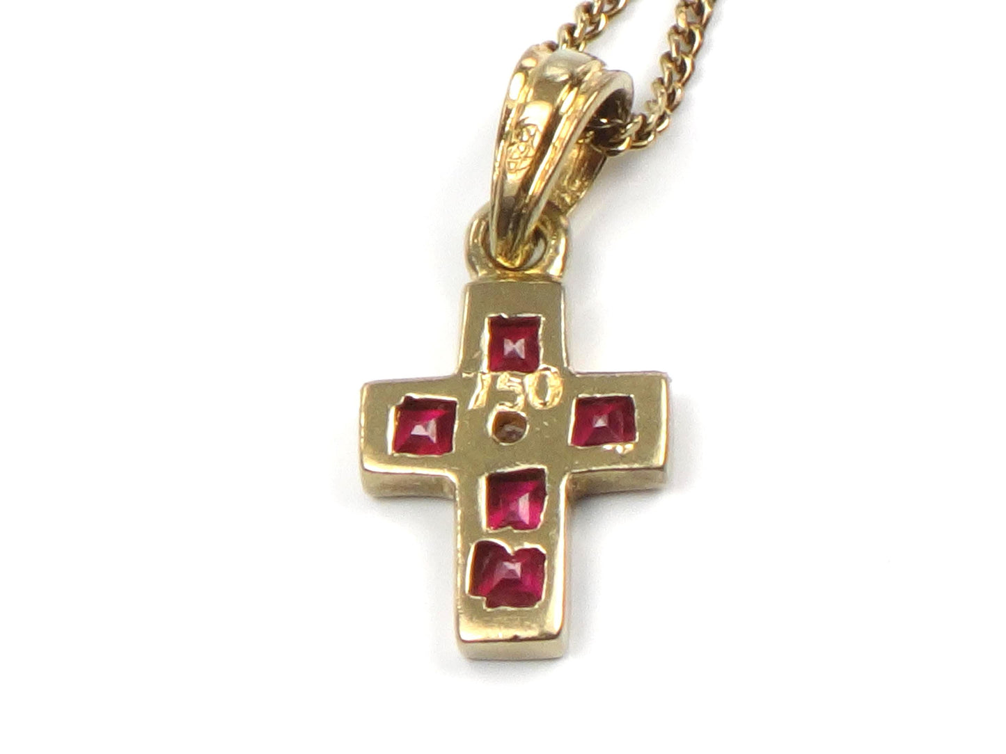 Vintage 18k Gold Ruby and Diamond Cross Necklace 16"-BelmarJewelers