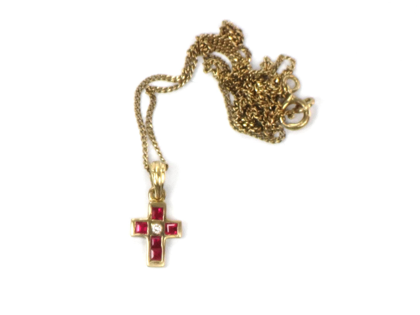 Vintage 18k Gold Ruby and Diamond Cross Necklace 16"-BelmarJewelers