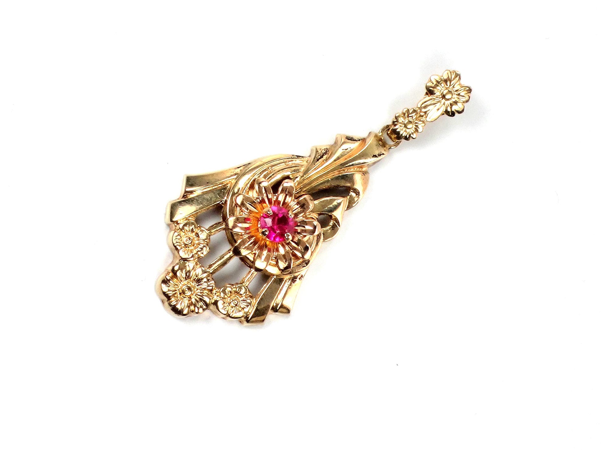 Vintage Retro 10k Gold Ruby Floral Pendant-BelmarJewelers
