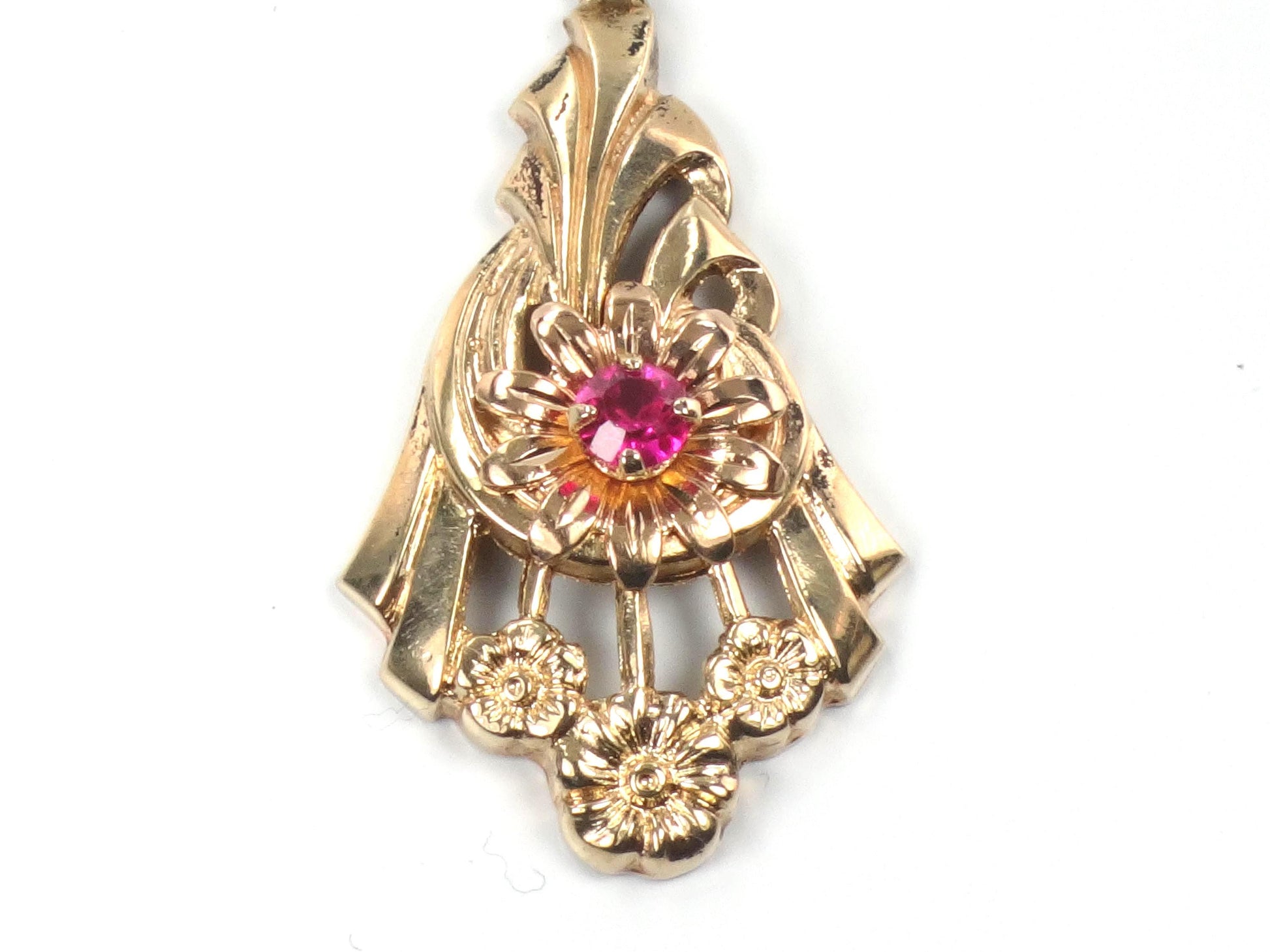Vintage Retro 10k Gold Ruby Floral Pendant-BelmarJewelers