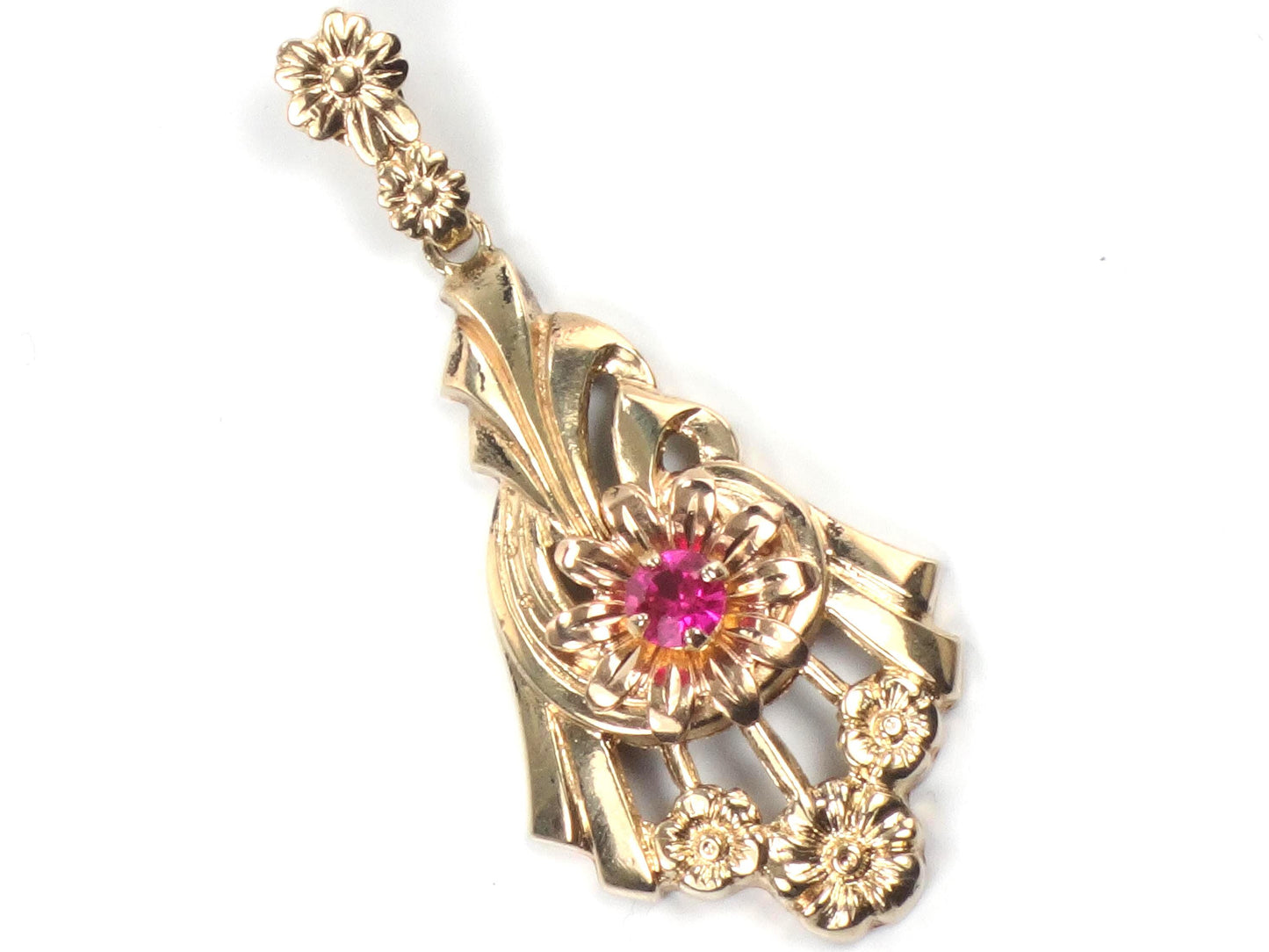 Vintage Retro 10k Gold Ruby Floral Pendant-BelmarJewelers