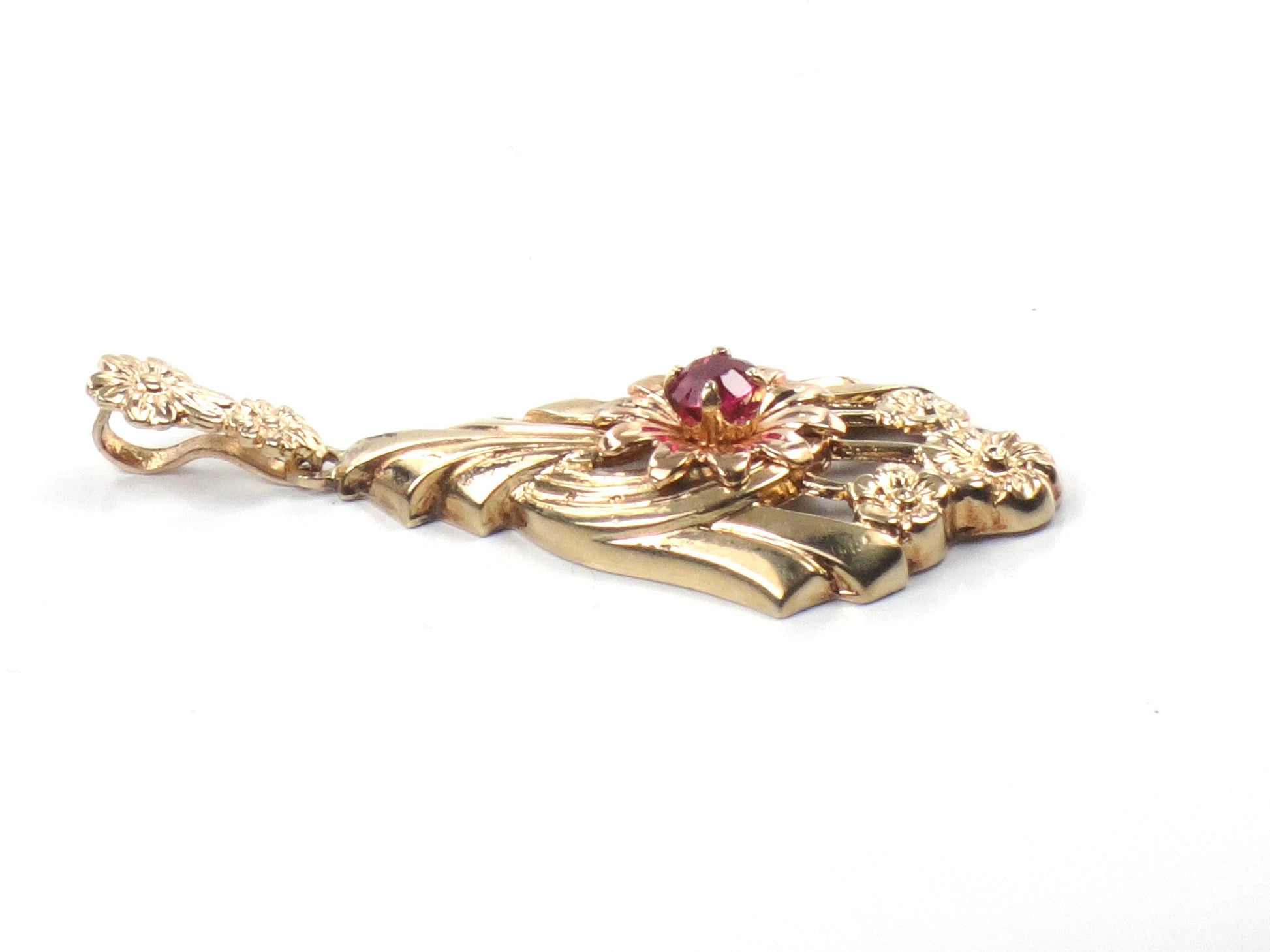 Vintage Retro 10k Gold Ruby Floral Pendant-BelmarJewelers