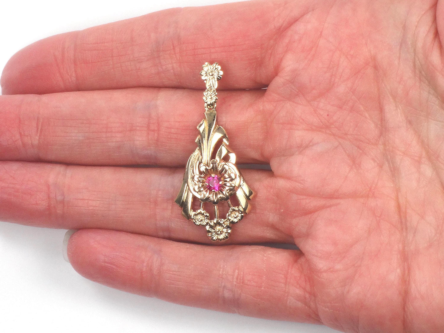 Vintage Retro 10k Gold Ruby Floral Pendant-BelmarJewelers