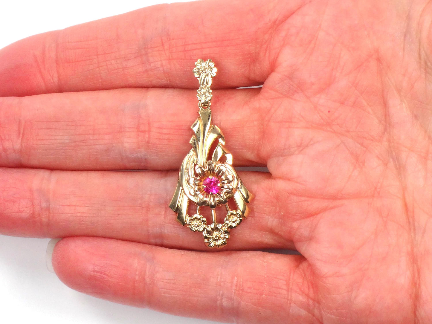 Vintage Retro 10k Gold Ruby Floral Pendant-BelmarJewelers