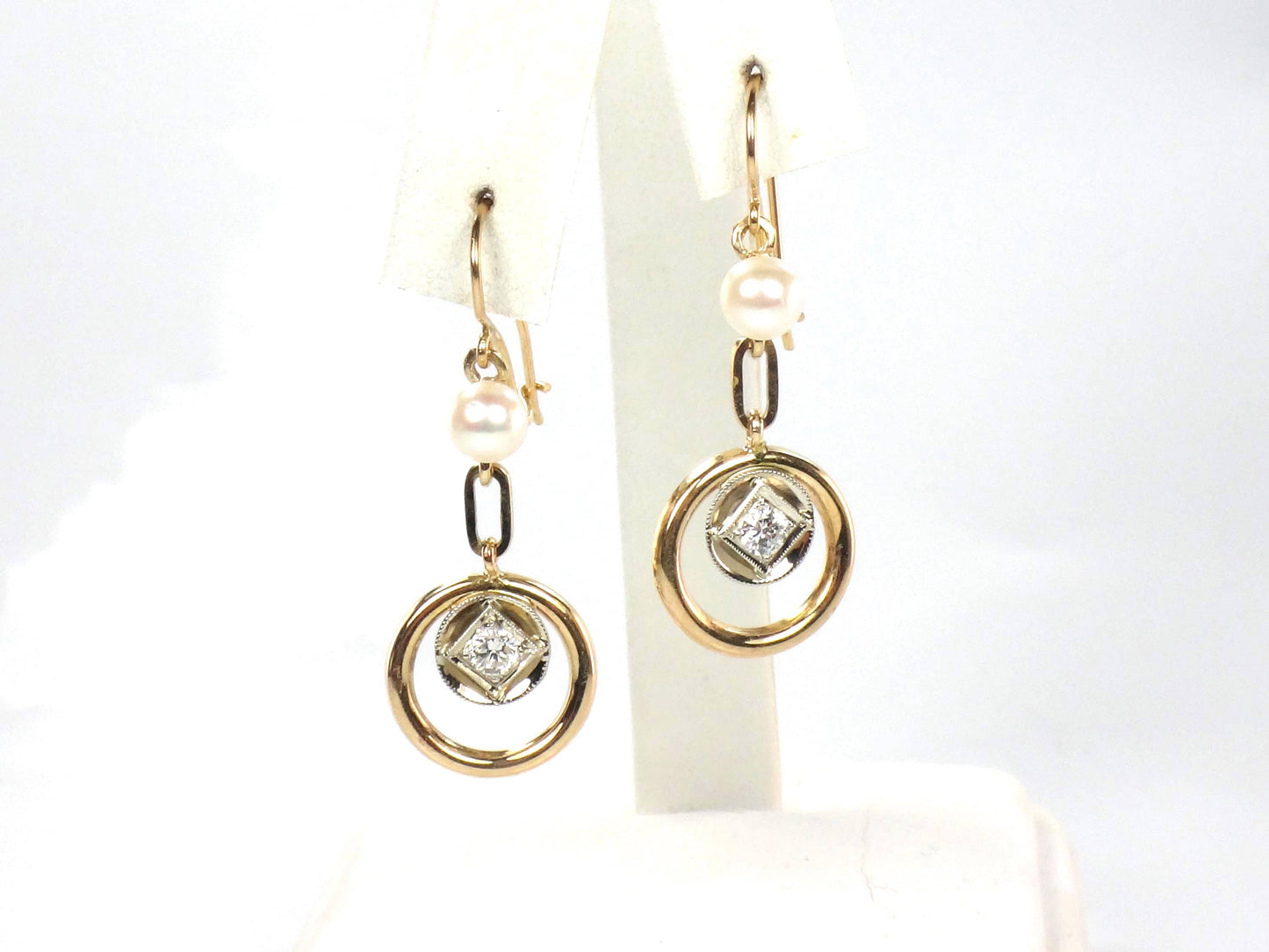 Vintage 14k Gold Diamond and Pearl Dangle Earrings-BelmarJewelers