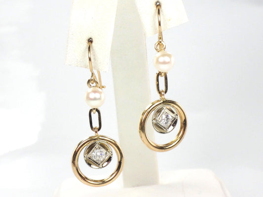 Vintage 14k Gold Diamond and Pearl Dangle Earrings-BelmarJewelers
