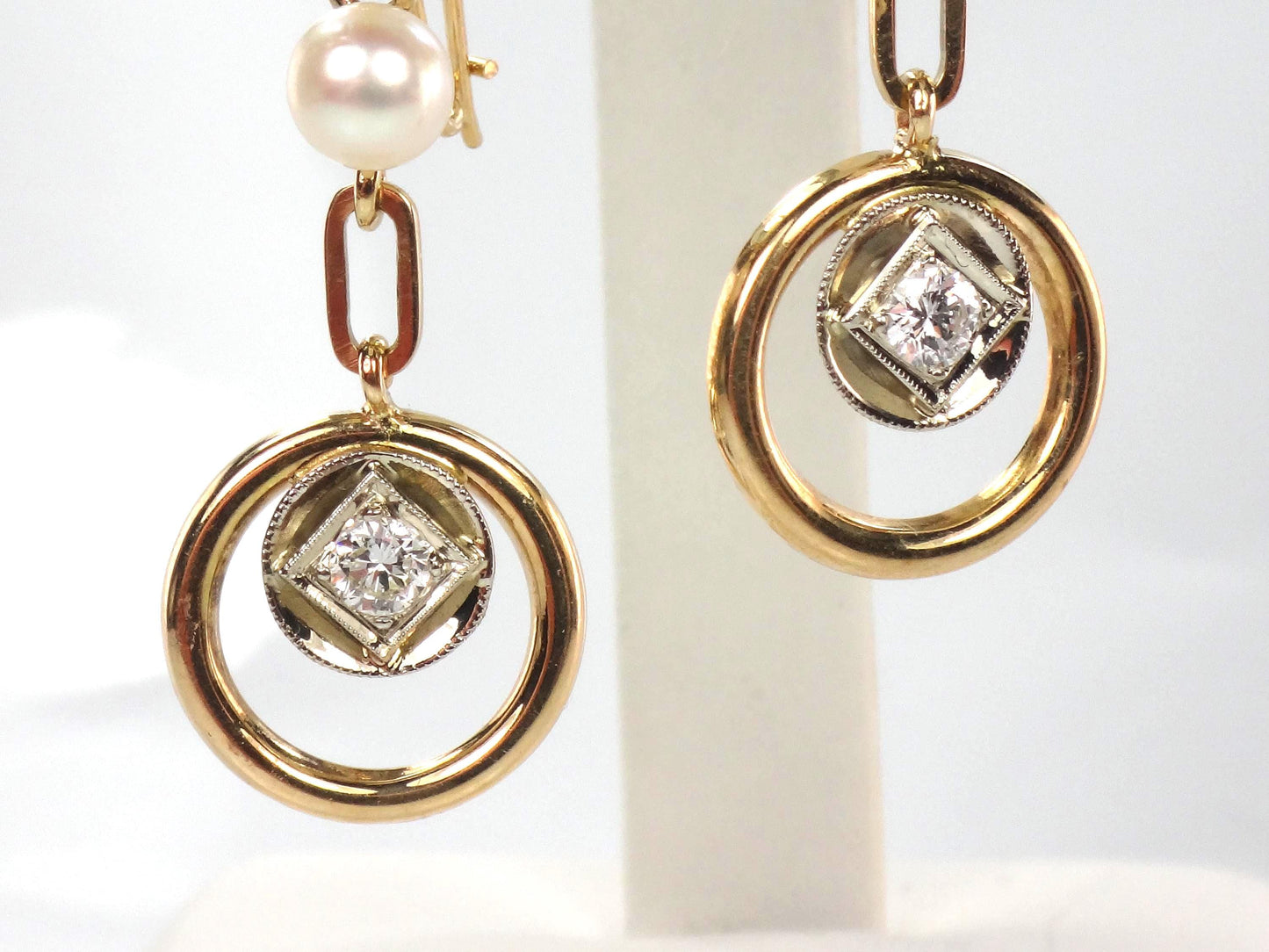 Vintage 14k Gold Diamond and Pearl Dangle Earrings-BelmarJewelers