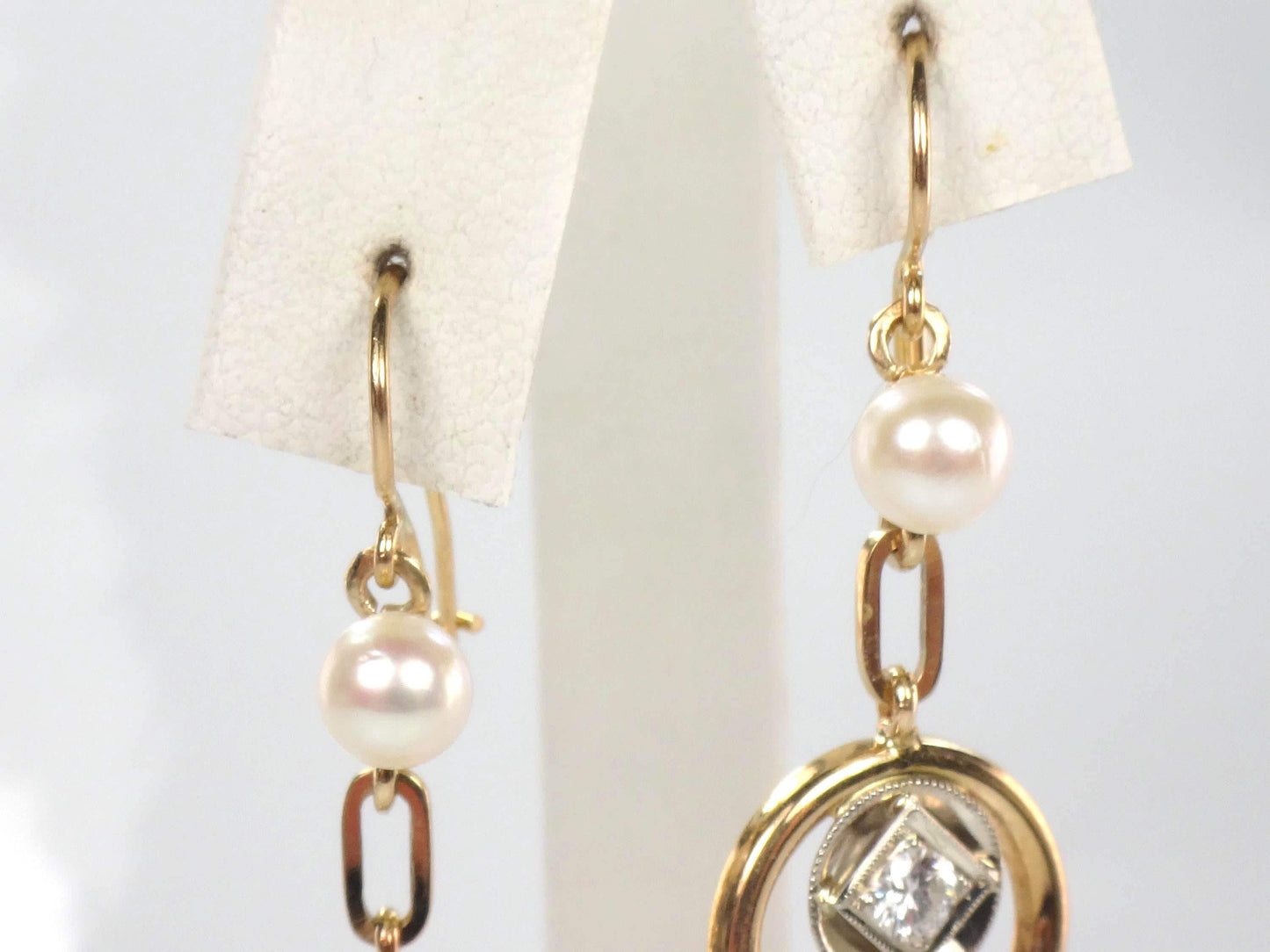 Vintage 14k Gold Diamond and Pearl Dangle Earrings-BelmarJewelers