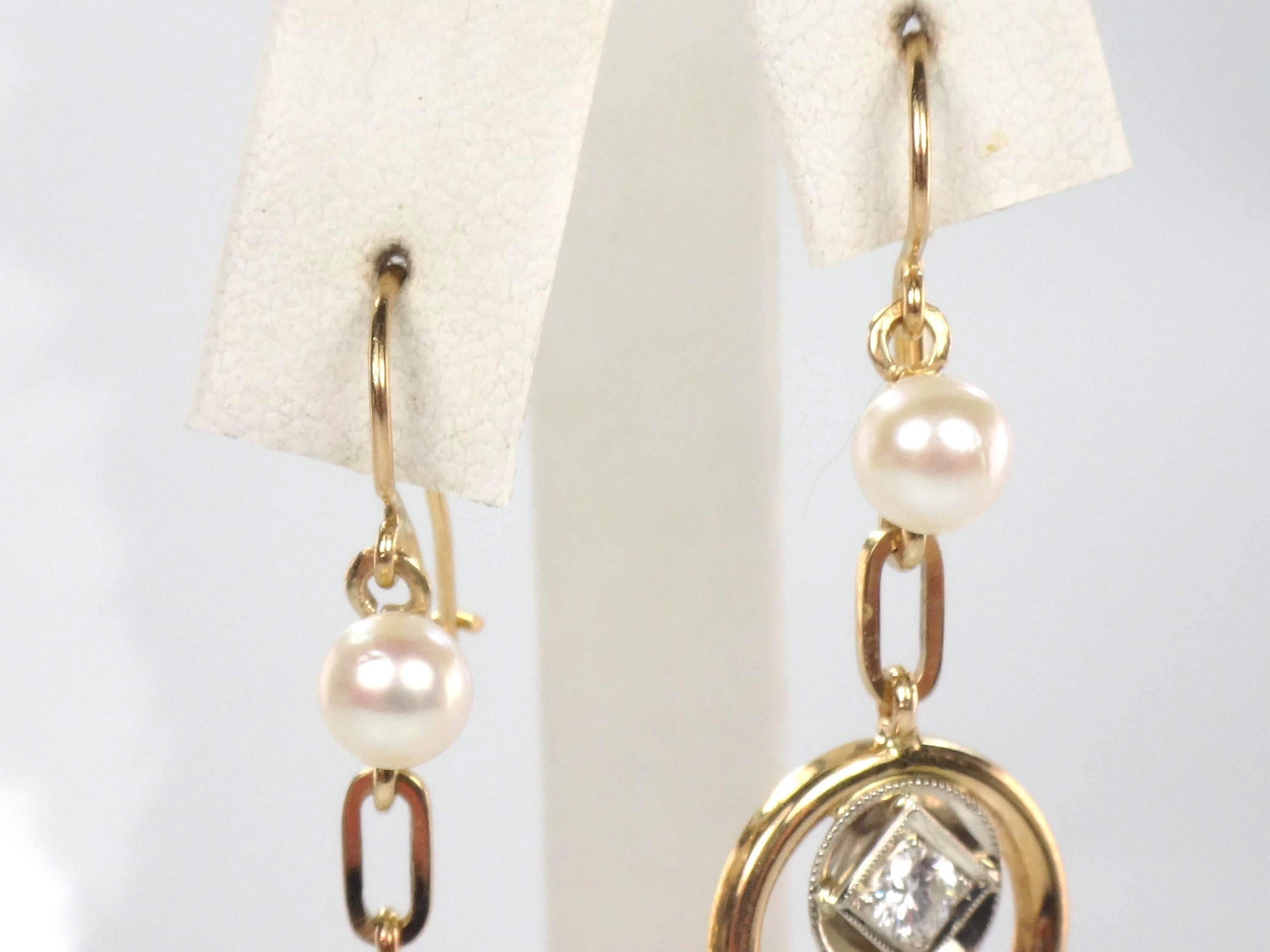 Vintage 14k Gold Diamond and Pearl Dangle Earrings-BelmarJewelers