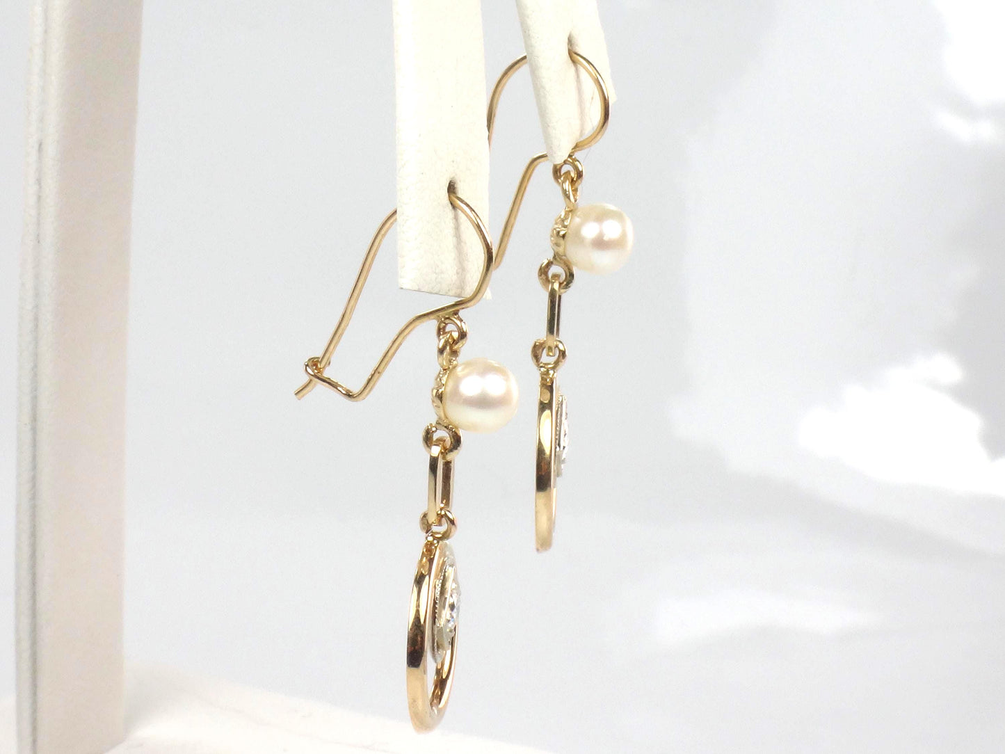 Vintage 14k Gold Diamond and Pearl Dangle Earrings-BelmarJewelers