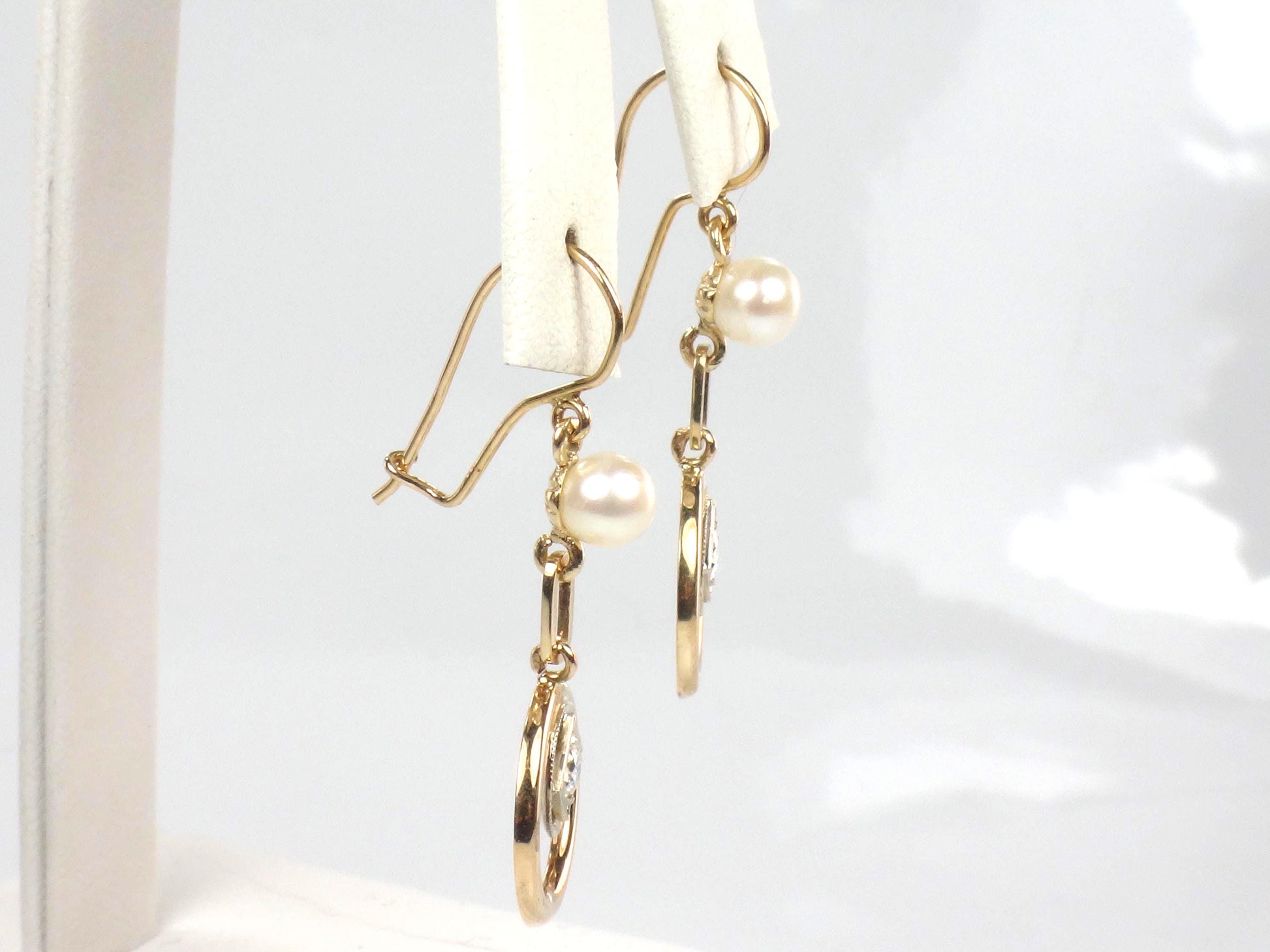 Vintage 14k Gold Diamond and Pearl Dangle Earrings-BelmarJewelers