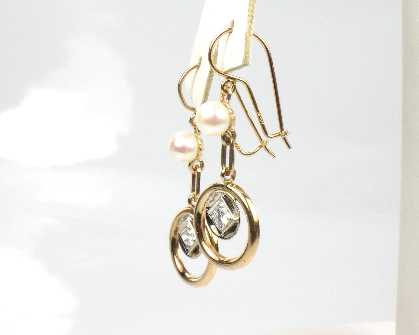 Vintage 14k Gold Diamond and Pearl Dangle Earrings-BelmarJewelers