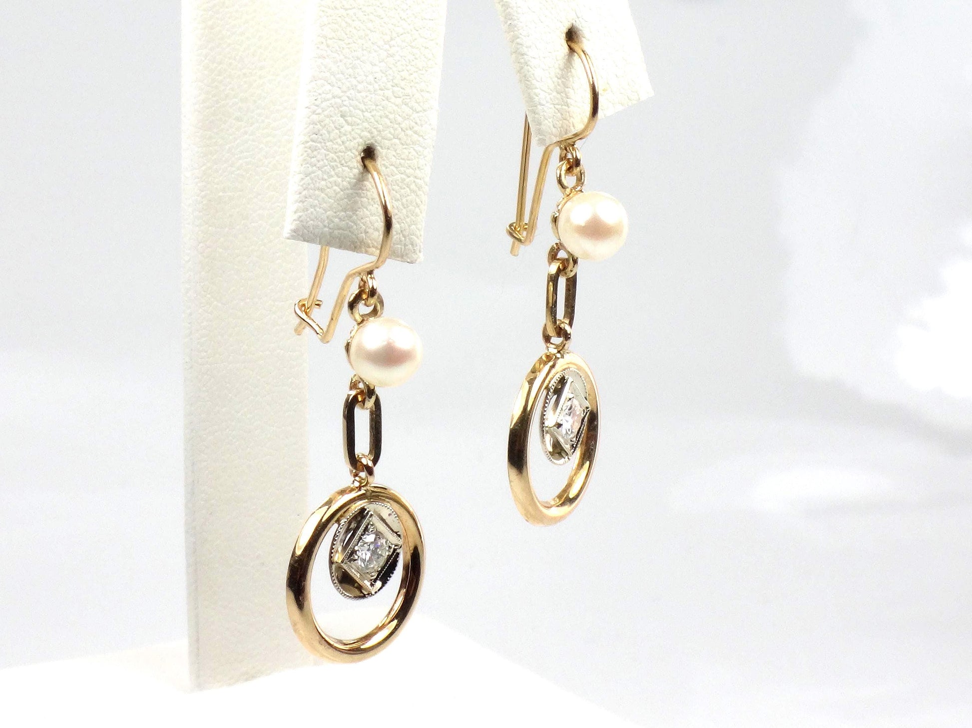 Vintage 14k Gold Diamond and Pearl Dangle Earrings-BelmarJewelers
