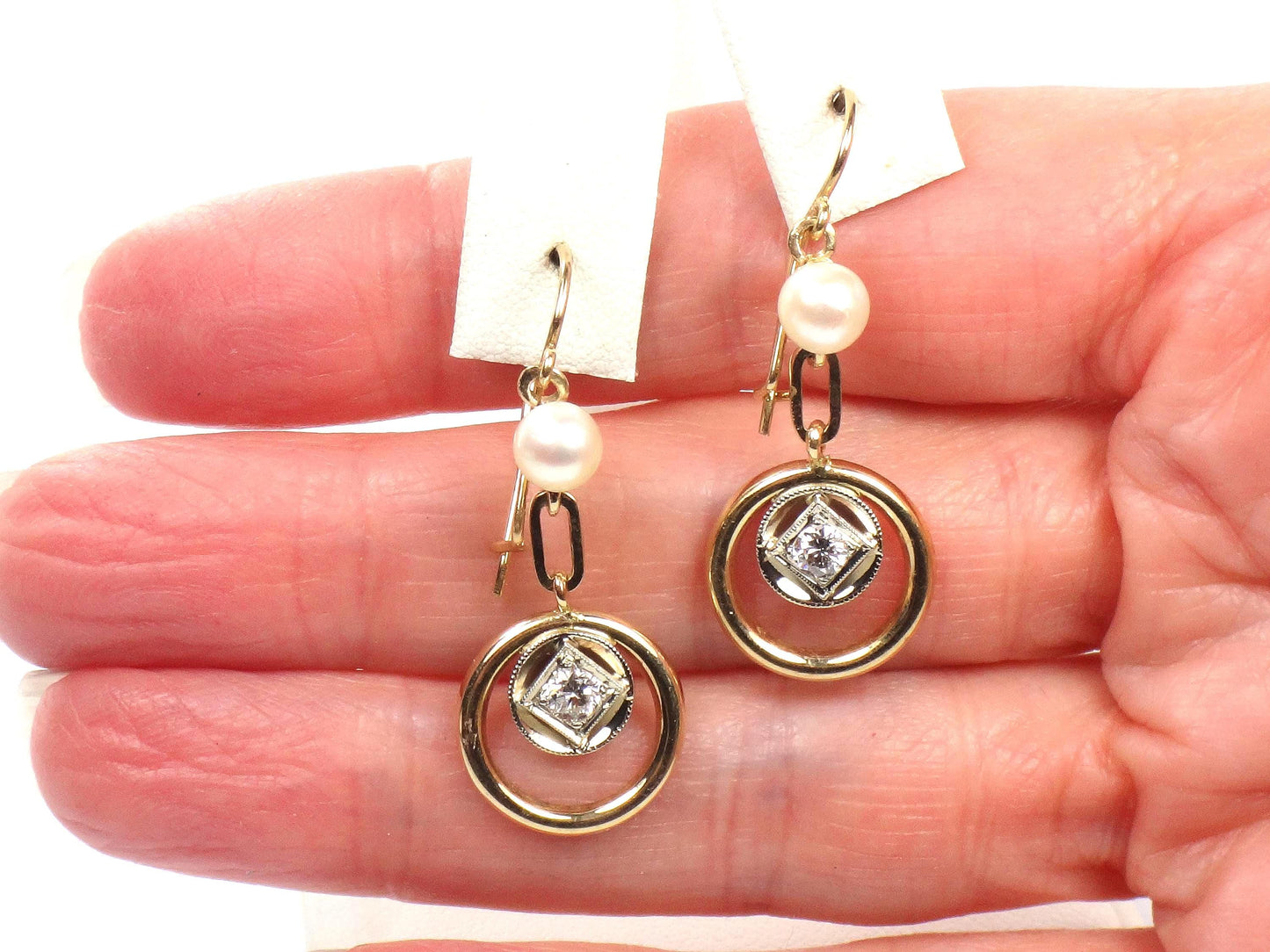 Vintage 14k Gold Diamond and Pearl Dangle Earrings-BelmarJewelers