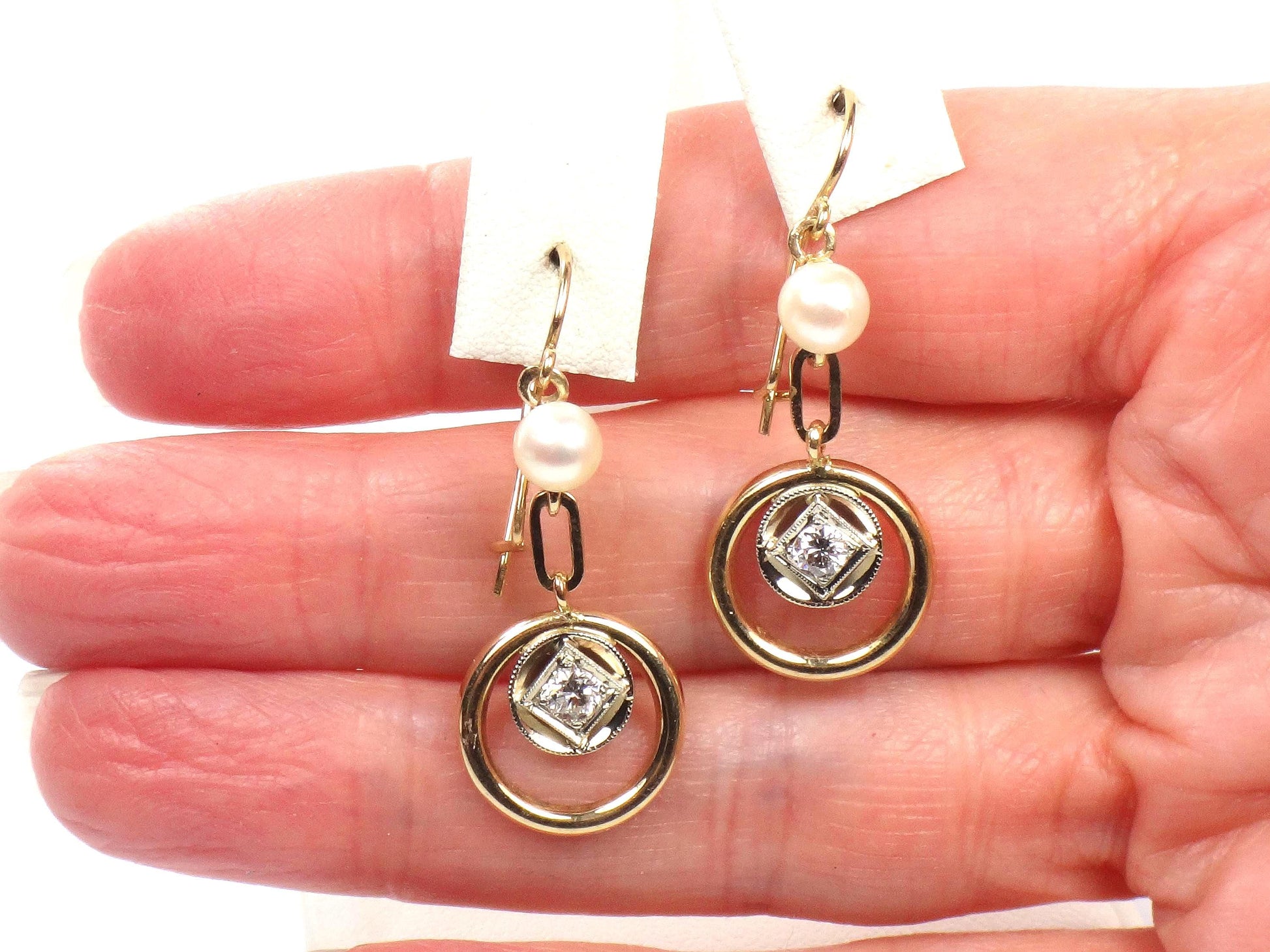 Vintage 14k Gold Diamond and Pearl Dangle Earrings-BelmarJewelers