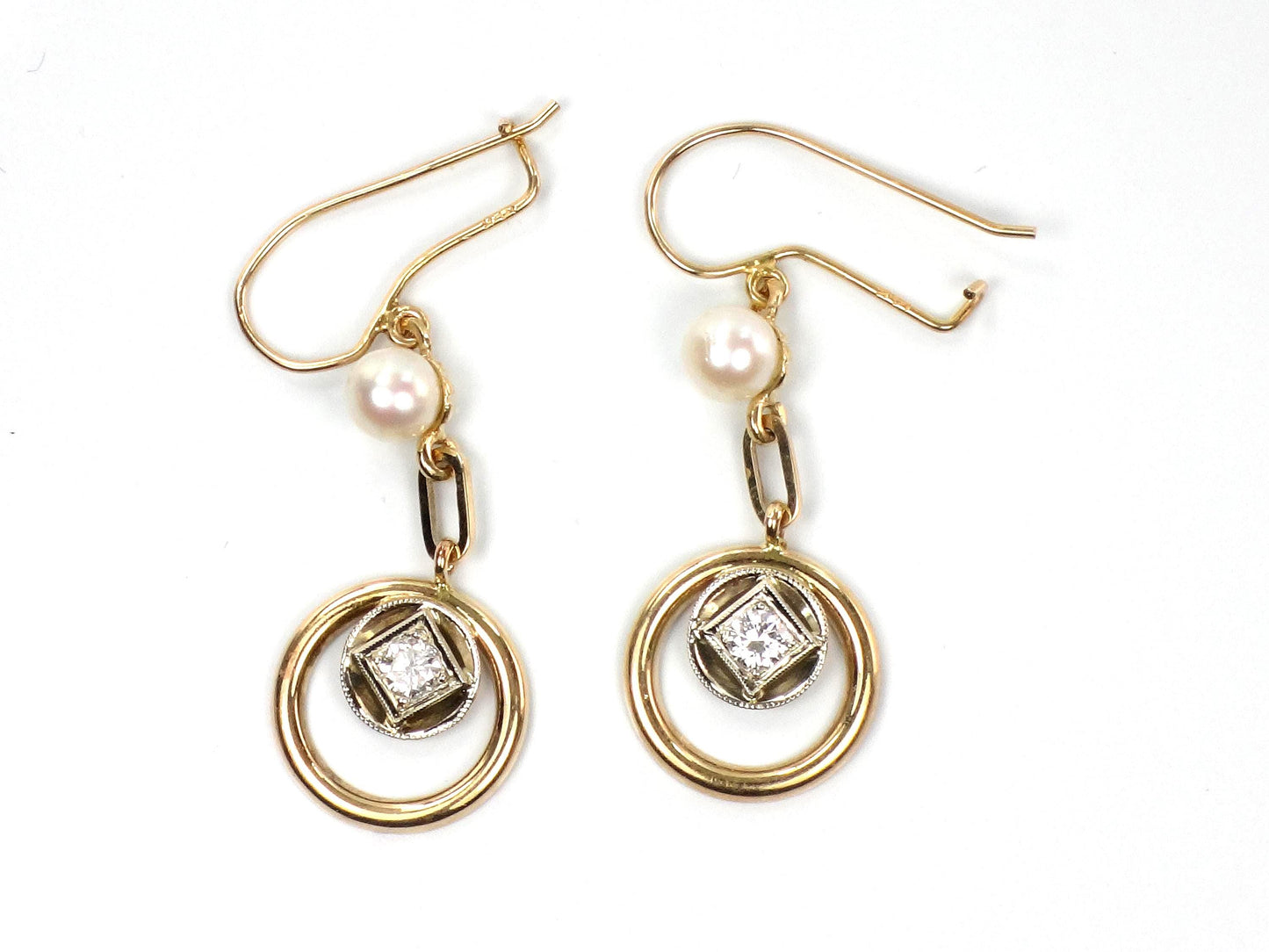 Vintage 14k Gold Diamond and Pearl Dangle Earrings-BelmarJewelers