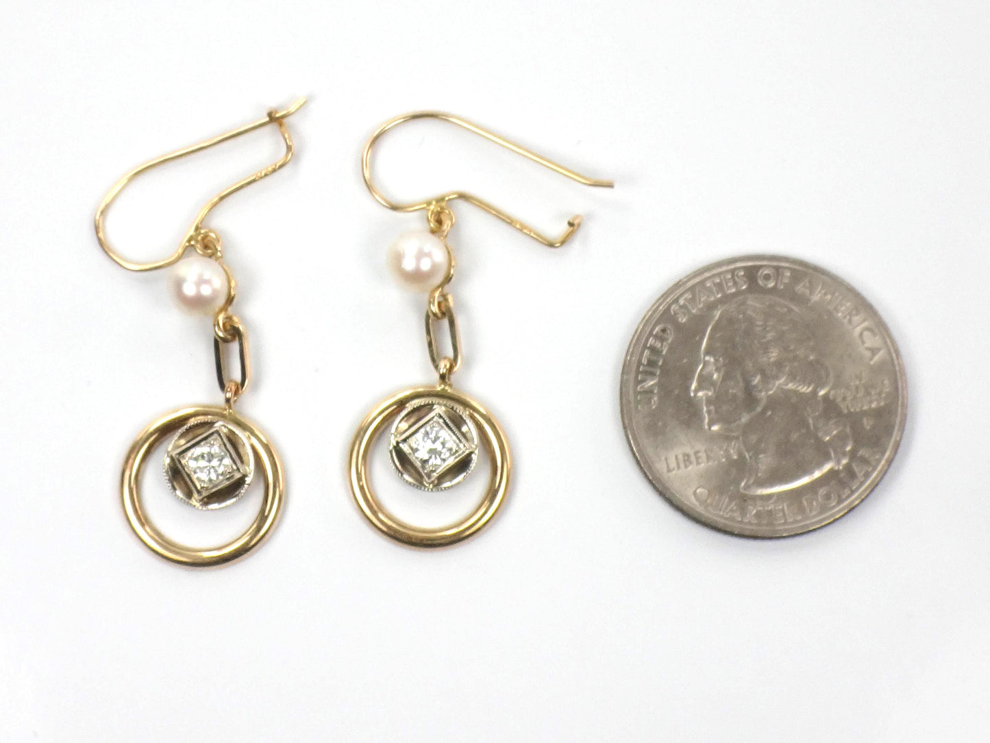 Vintage 14k Gold Diamond and Pearl Dangle Earrings-BelmarJewelers