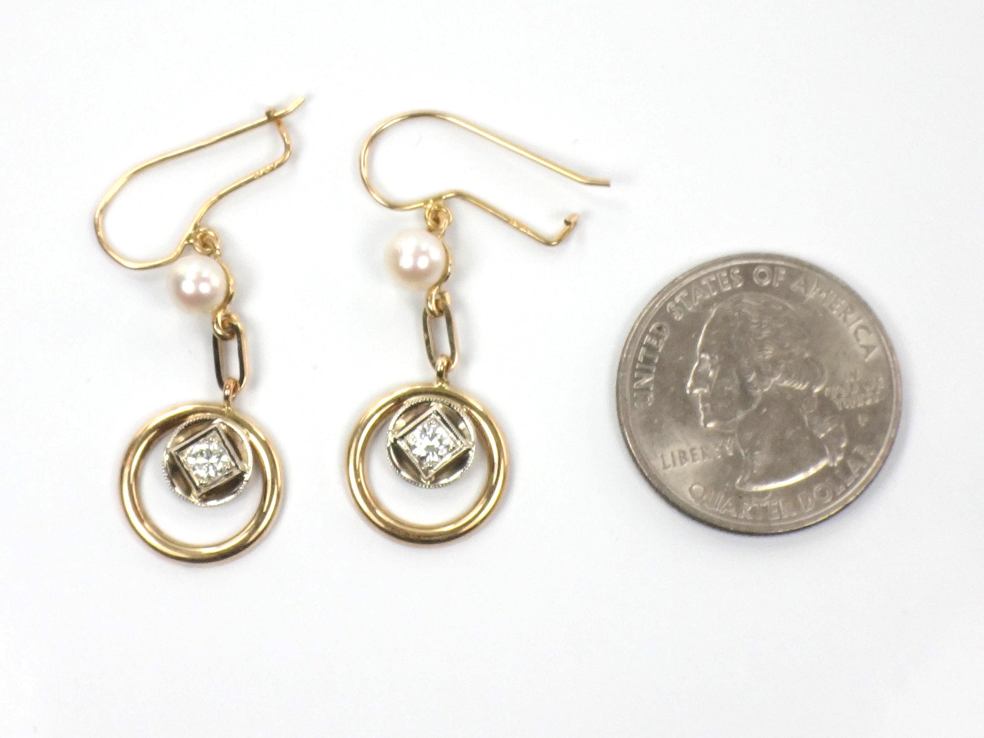 Vintage 14k Gold Diamond and Pearl Dangle Earrings-BelmarJewelers