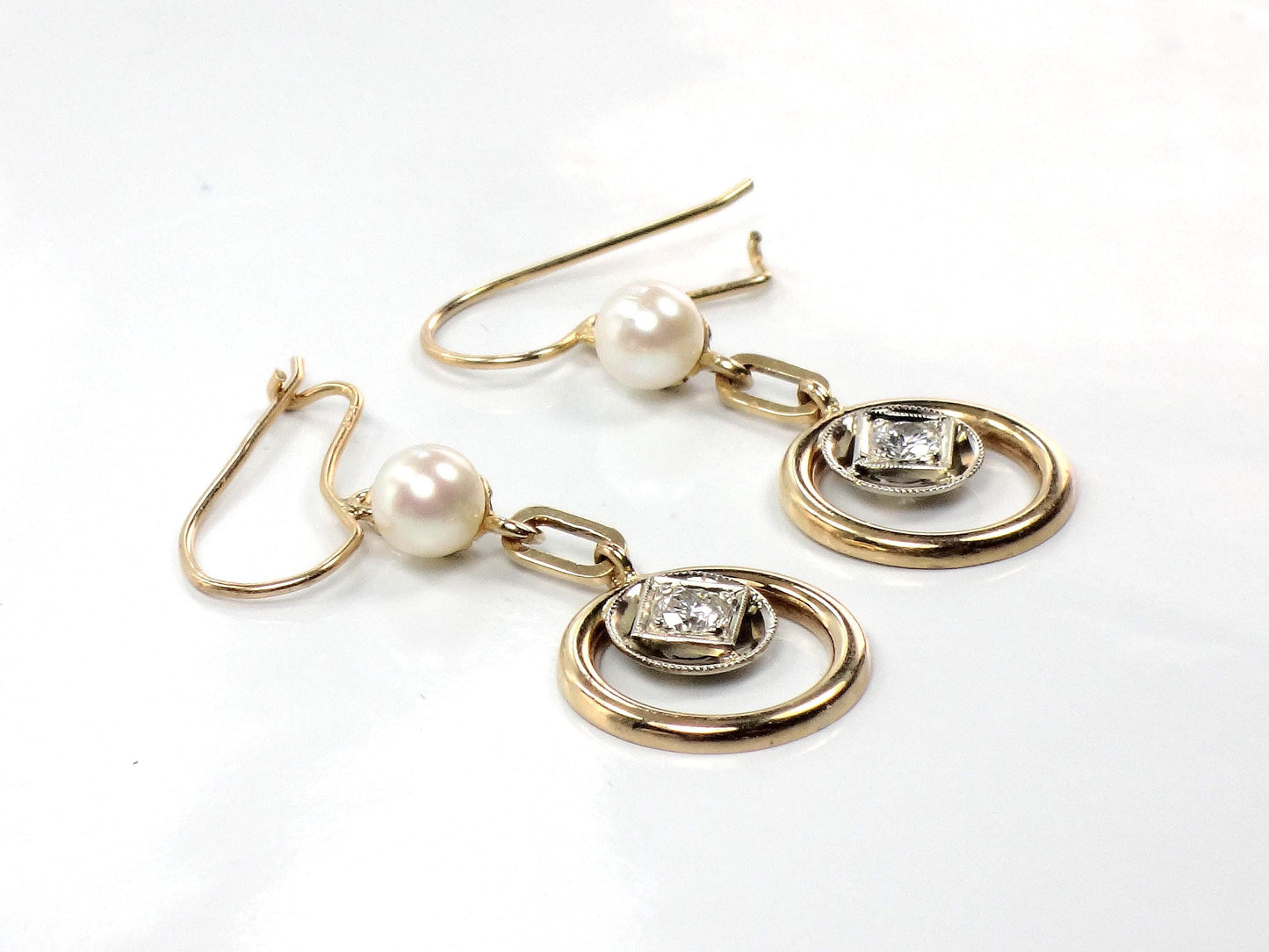 Vintage 14k Gold Diamond and Pearl Dangle Earrings-BelmarJewelers