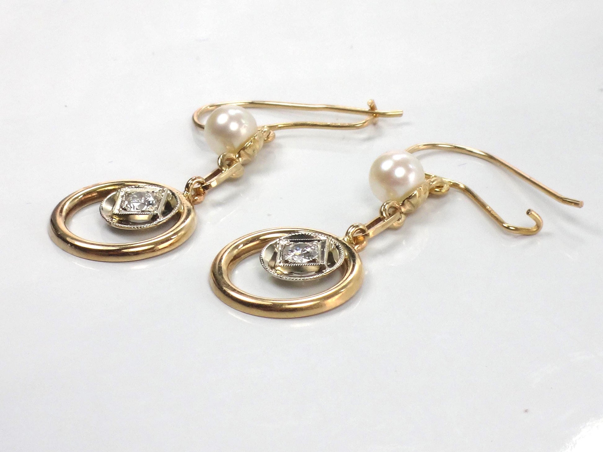 Vintage 14k Gold Diamond and Pearl Dangle Earrings-BelmarJewelers