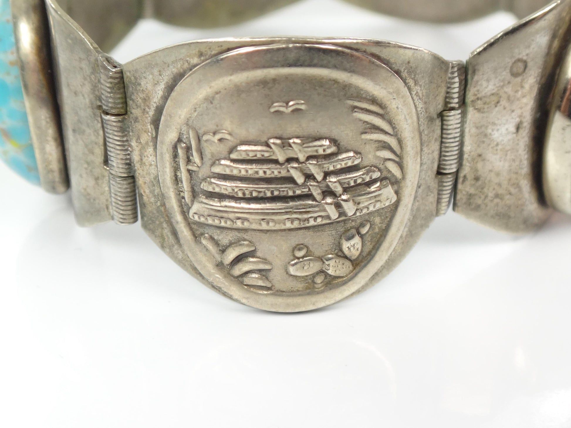 Vintage Silver-Toned Blue Stone Storyteller Bracelet: Mexico 7"-BelmarJewelers