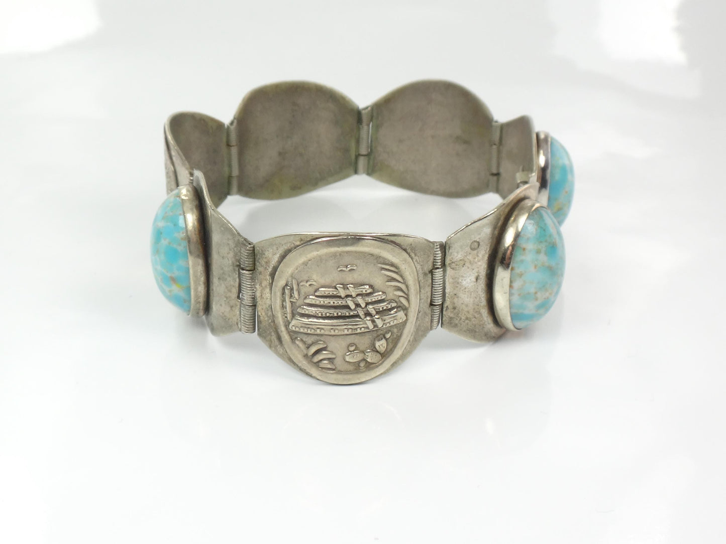 Vintage Silver-Toned Blue Stone Storyteller Bracelet: Mexico 7"-BelmarJewelers