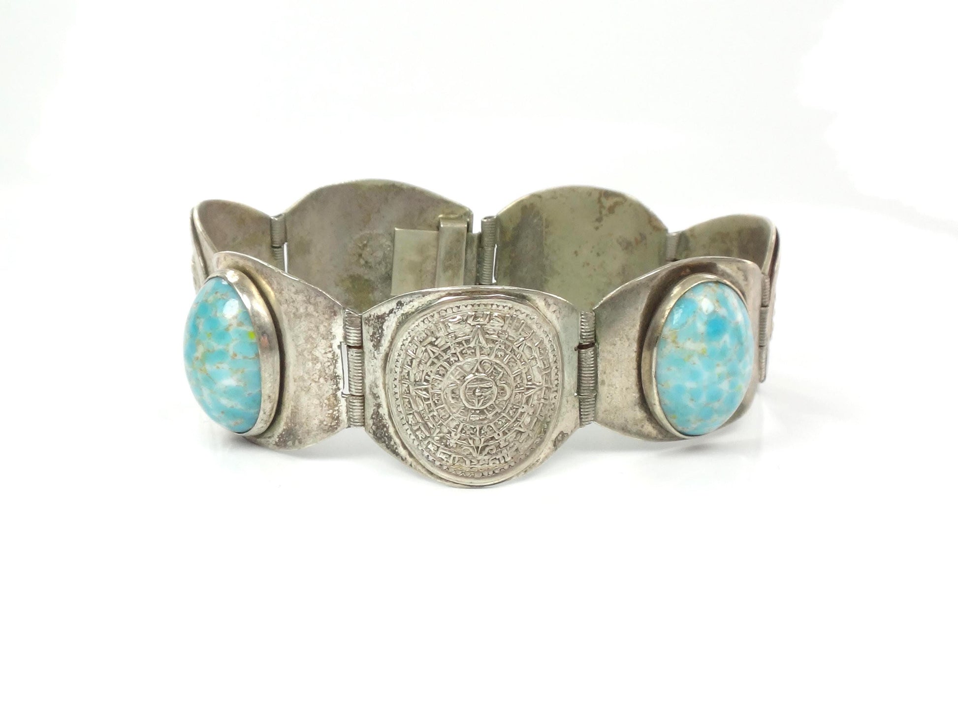 Vintage Silver-Toned Blue Stone Storyteller Bracelet: Mexico 7"-BelmarJewelers