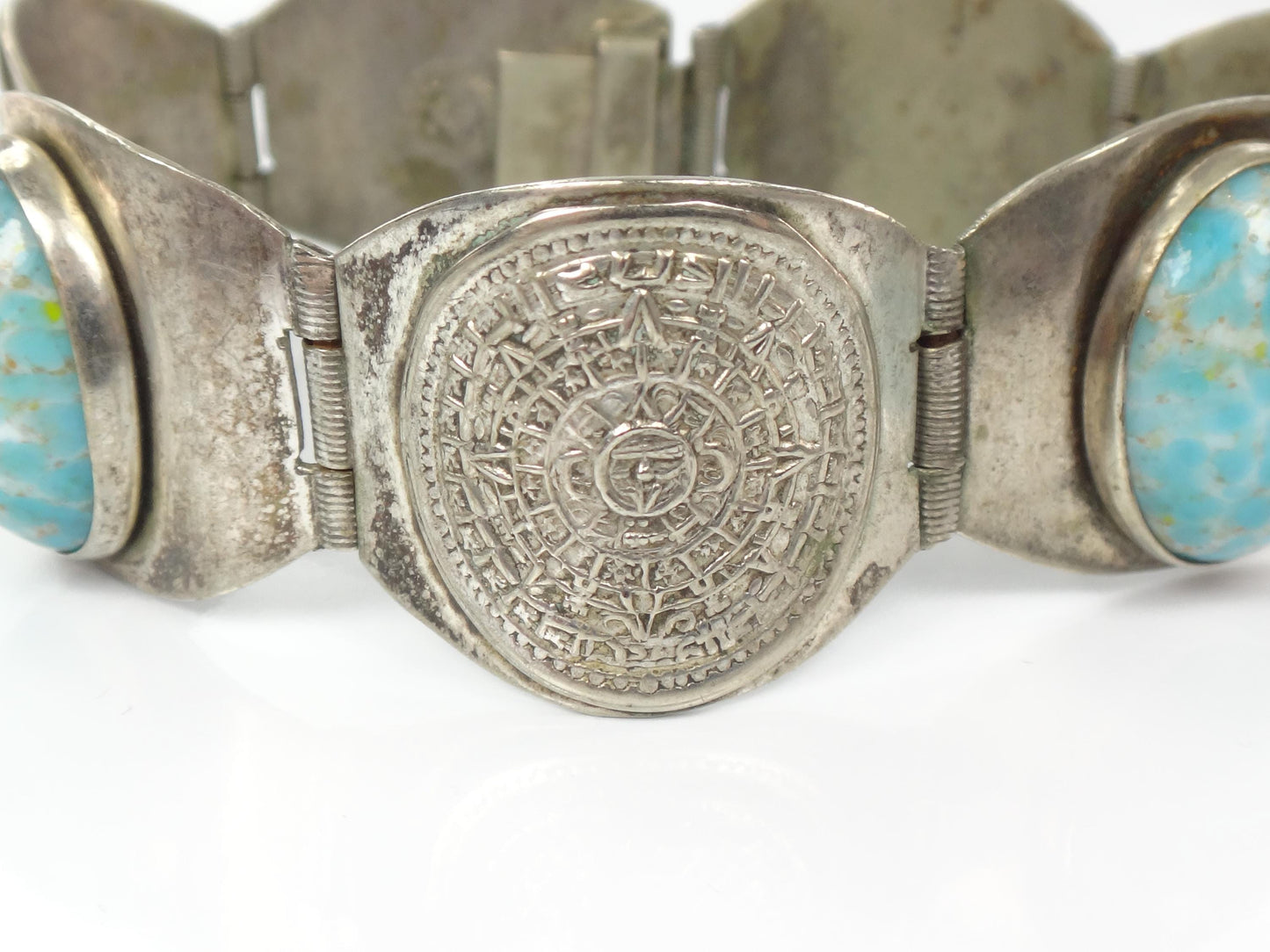 Vintage Silver-Toned Blue Stone Storyteller Bracelet: Mexico 7"-BelmarJewelers