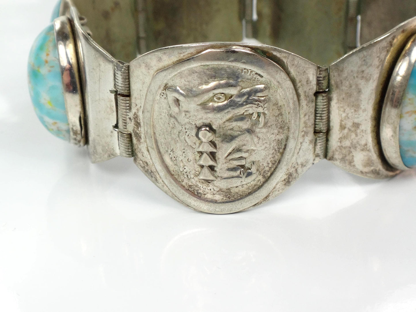 Vintage Silver-Toned Blue Stone Storyteller Bracelet: Mexico 7"-BelmarJewelers