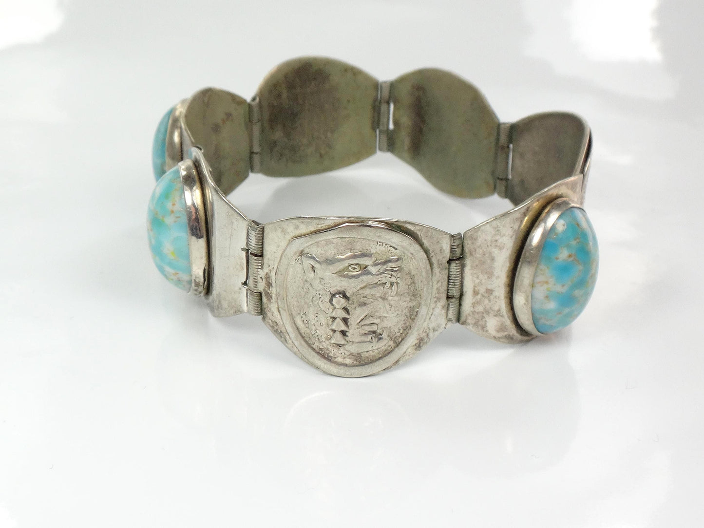 Vintage Silver-Toned Blue Stone Storyteller Bracelet: Mexico 7"-BelmarJewelers