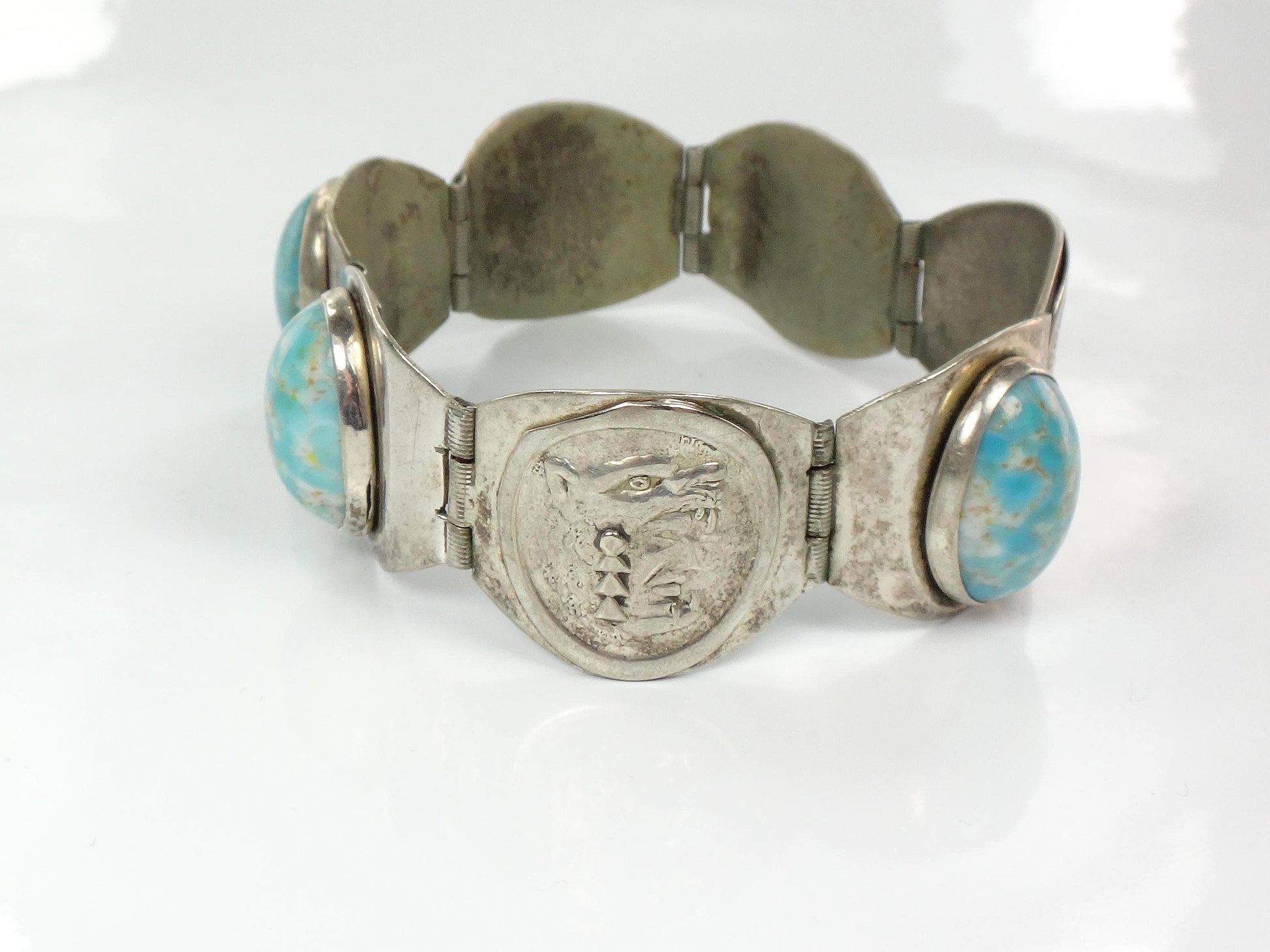 Vintage Silver-Toned Blue Stone Storyteller Bracelet: Mexico 7"-BelmarJewelers