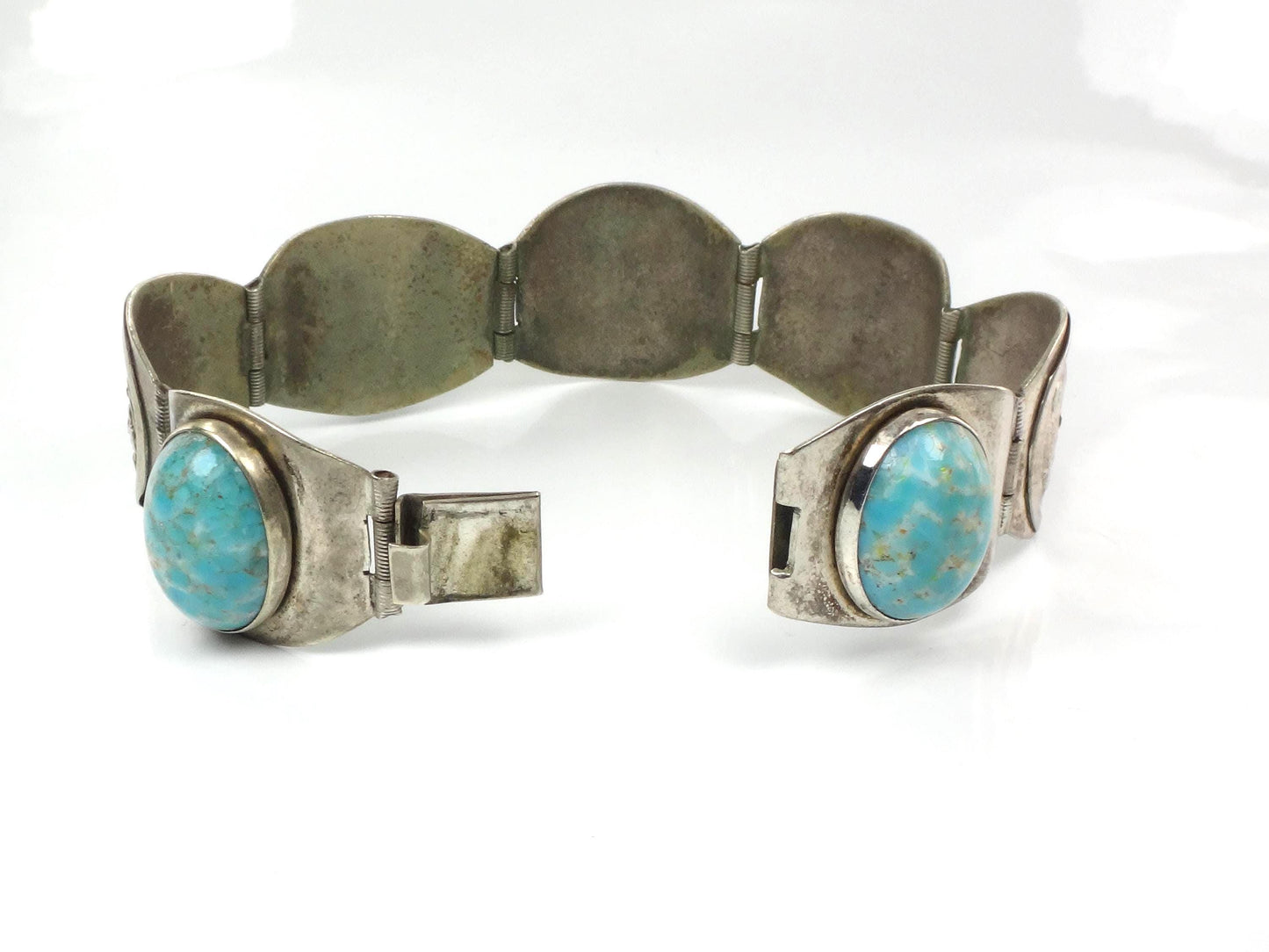 Vintage Silver-Toned Blue Stone Storyteller Bracelet: Mexico 7"-BelmarJewelers