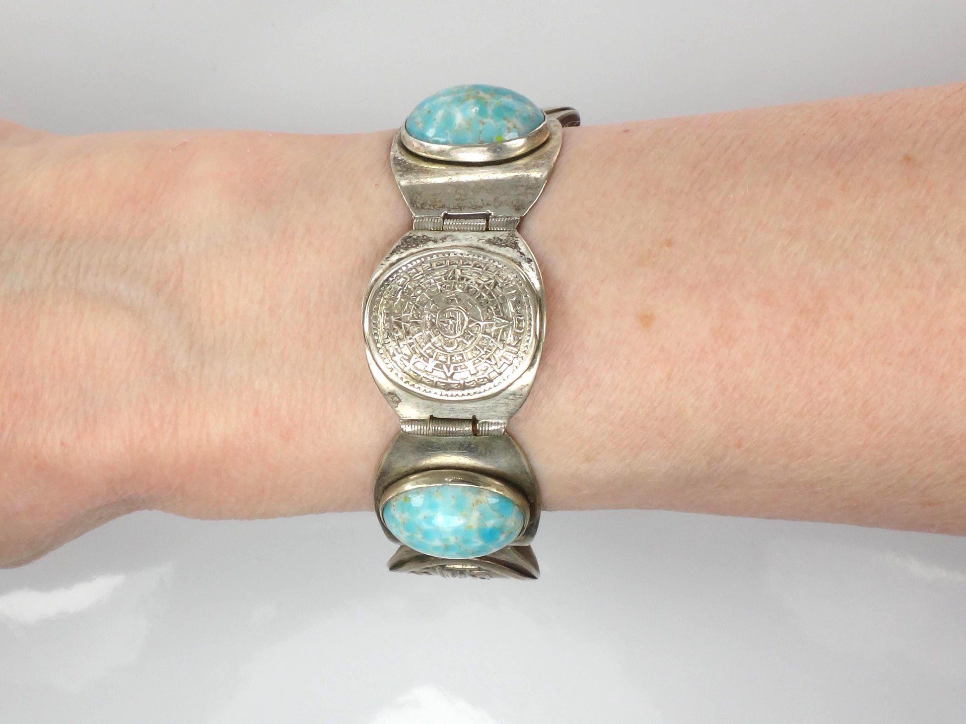 Vintage Silver-Toned Blue Stone Storyteller Bracelet: Mexico 7"-BelmarJewelers