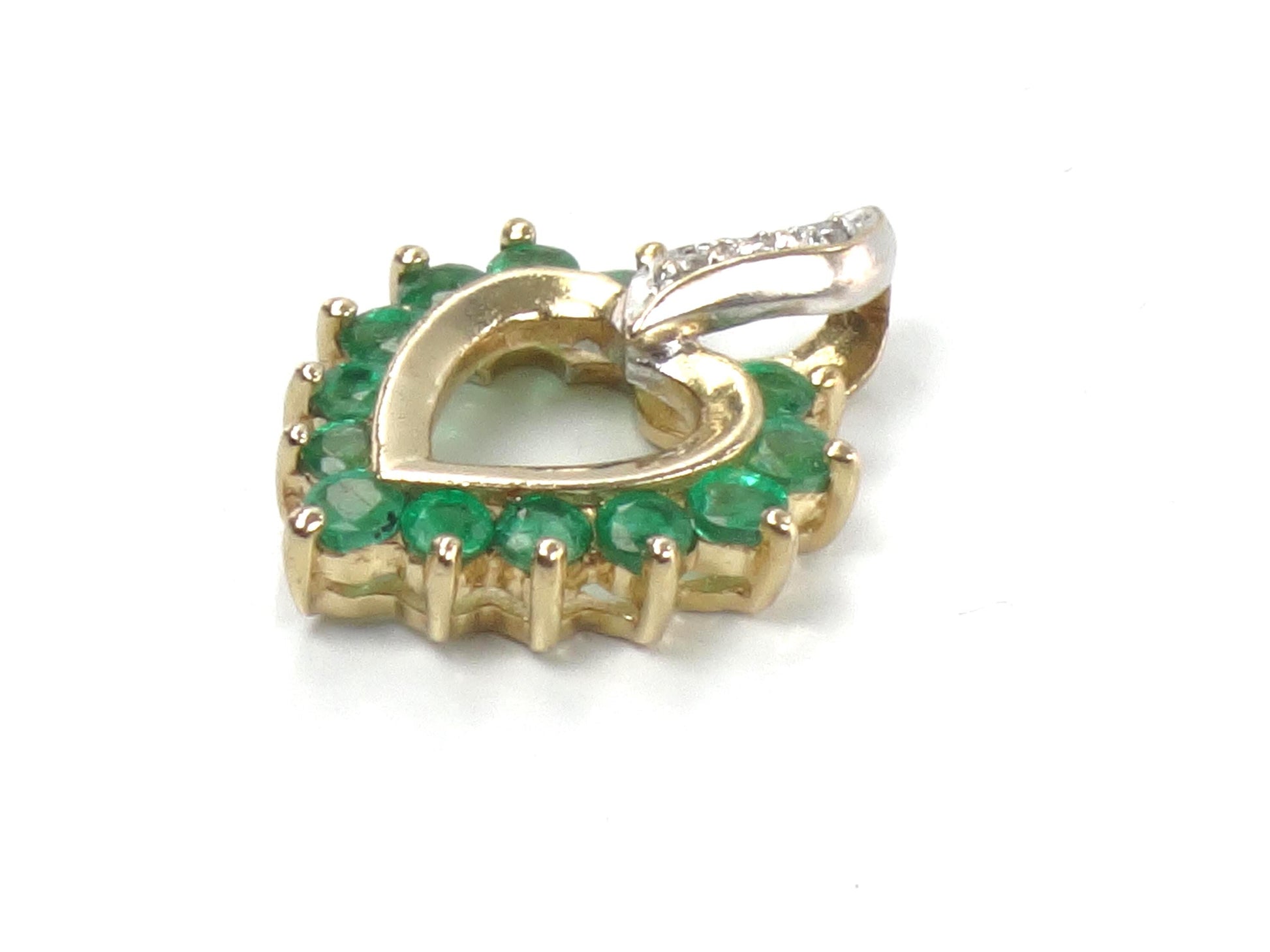 Vintage 14k Gold Natural Emerald & Diamond Heart Pendant-BelmarJewelers