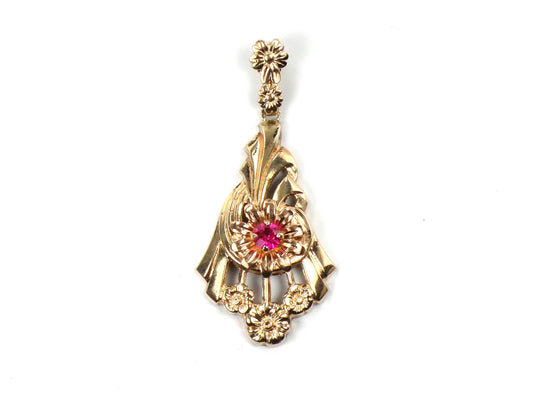 Vintage Retro 10k Gold Ruby Floral Pendant-BelmarJewelers