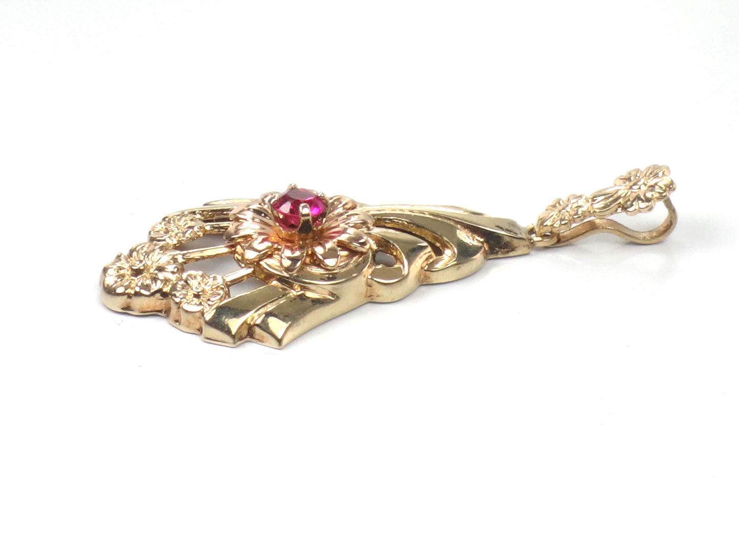 Vintage Retro 10k Gold Ruby Floral Pendant-BelmarJewelers