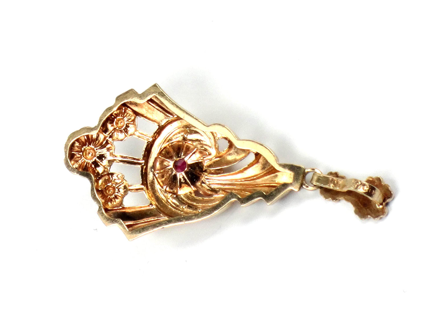 Vintage Retro 10k Gold Ruby Floral Pendant-BelmarJewelers
