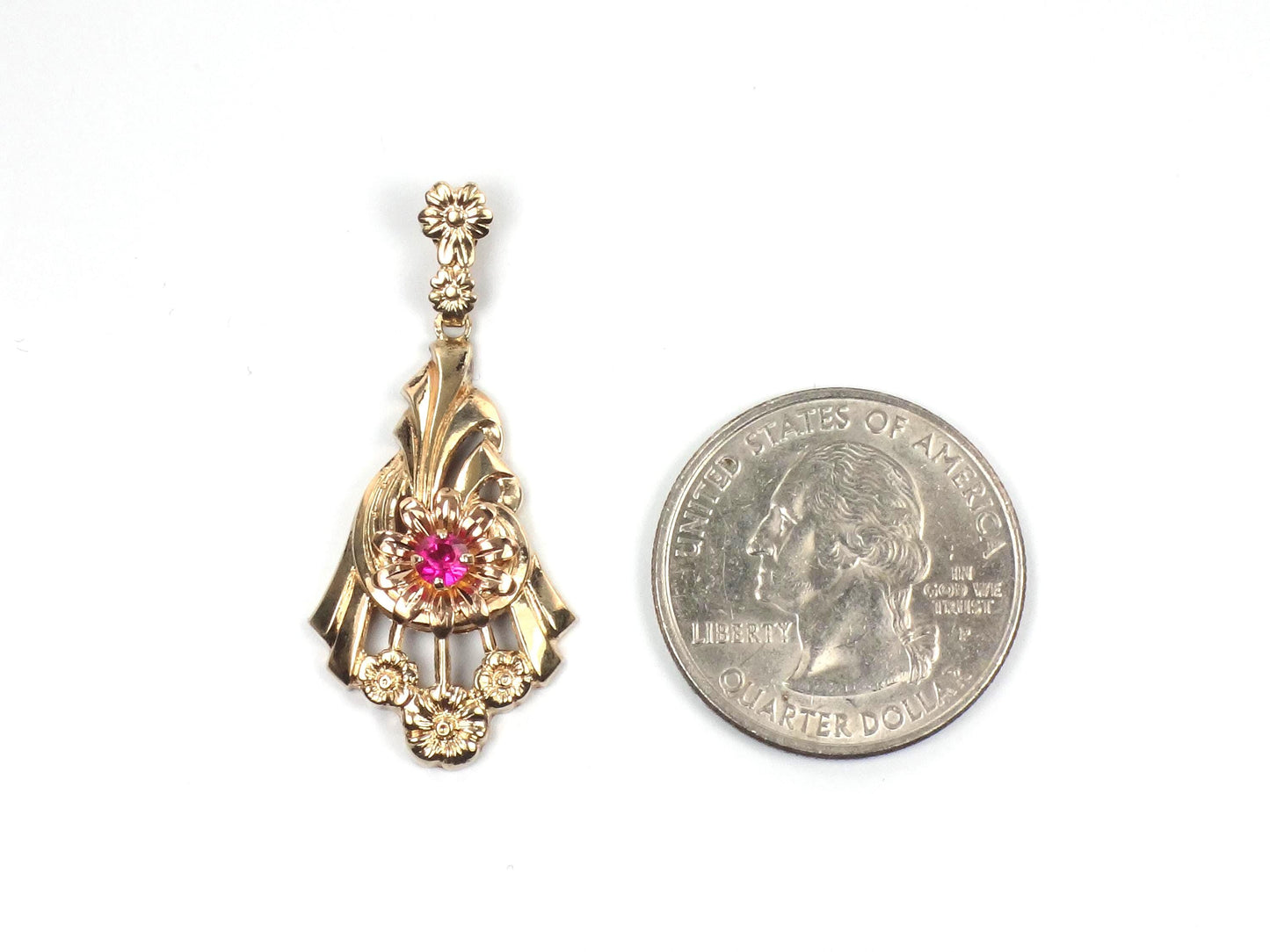 Vintage Retro 10k Gold Ruby Floral Pendant-BelmarJewelers