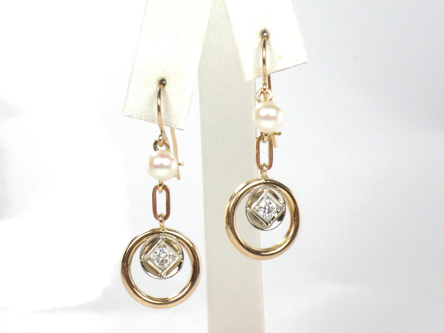 Vintage 14k Gold Diamond and Pearl Dangle Earrings-BelmarJewelers