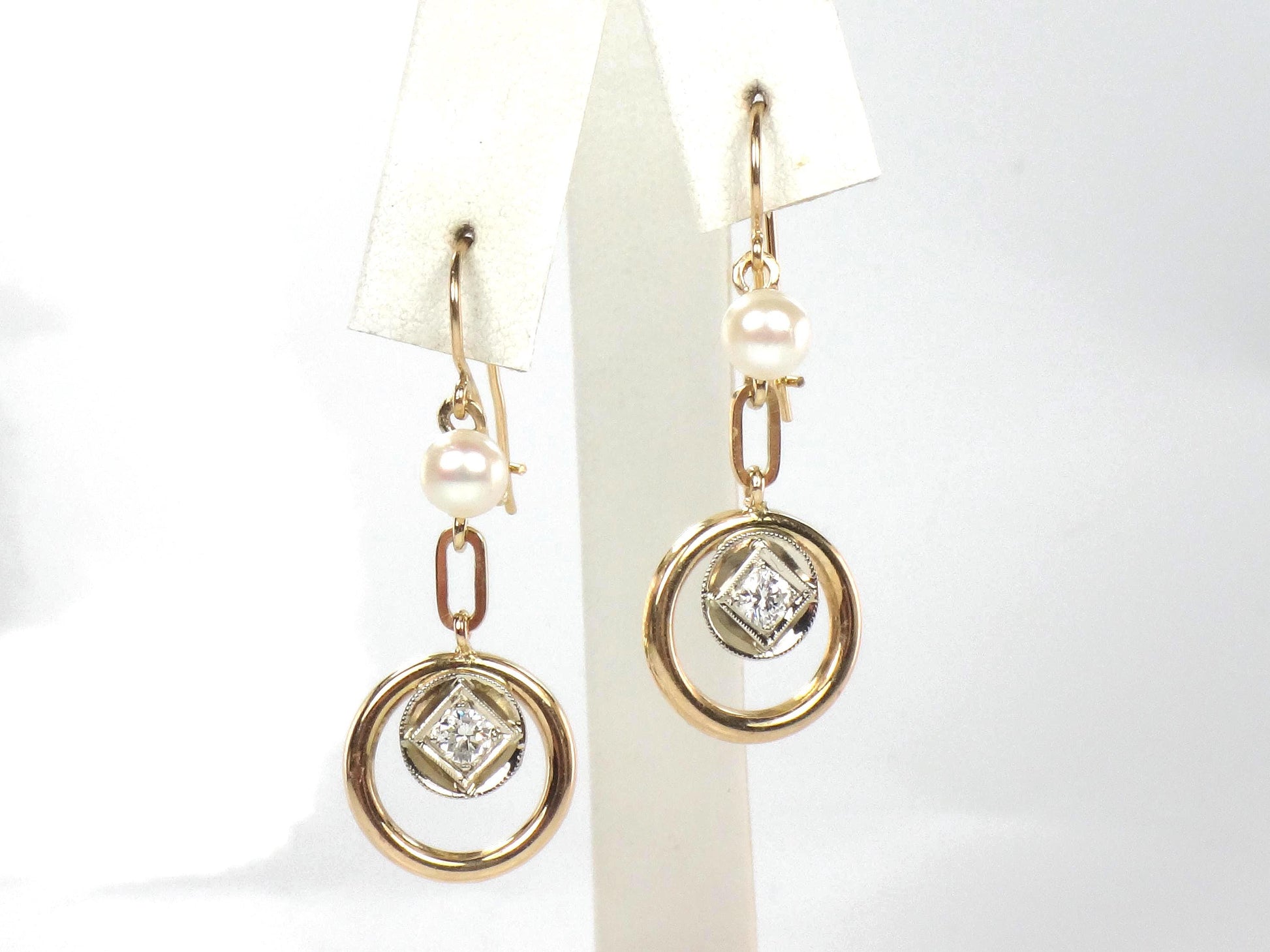 Vintage 14k Gold Diamond and Pearl Dangle Earrings-BelmarJewelers