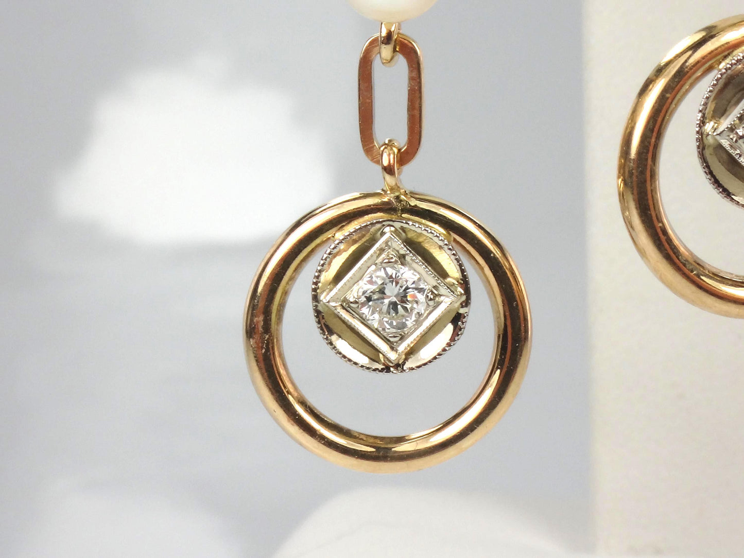 Vintage 14k Gold Diamond and Pearl Dangle Earrings-BelmarJewelers