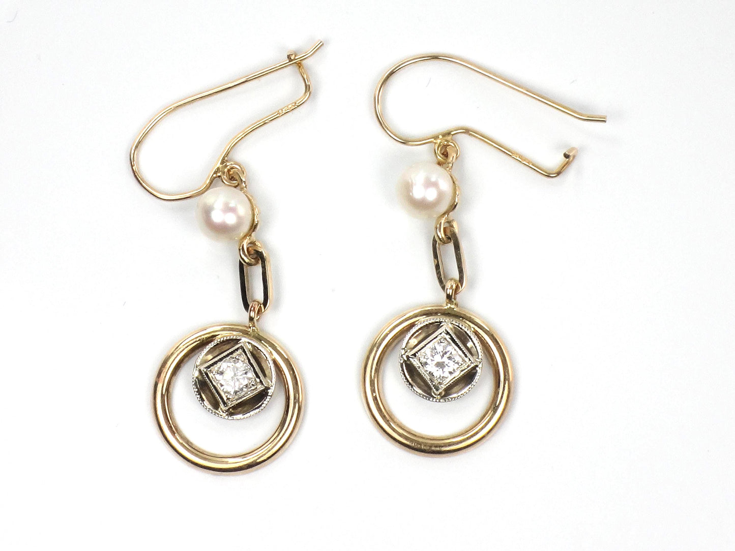 Vintage 14k Gold Diamond and Pearl Dangle Earrings-BelmarJewelers