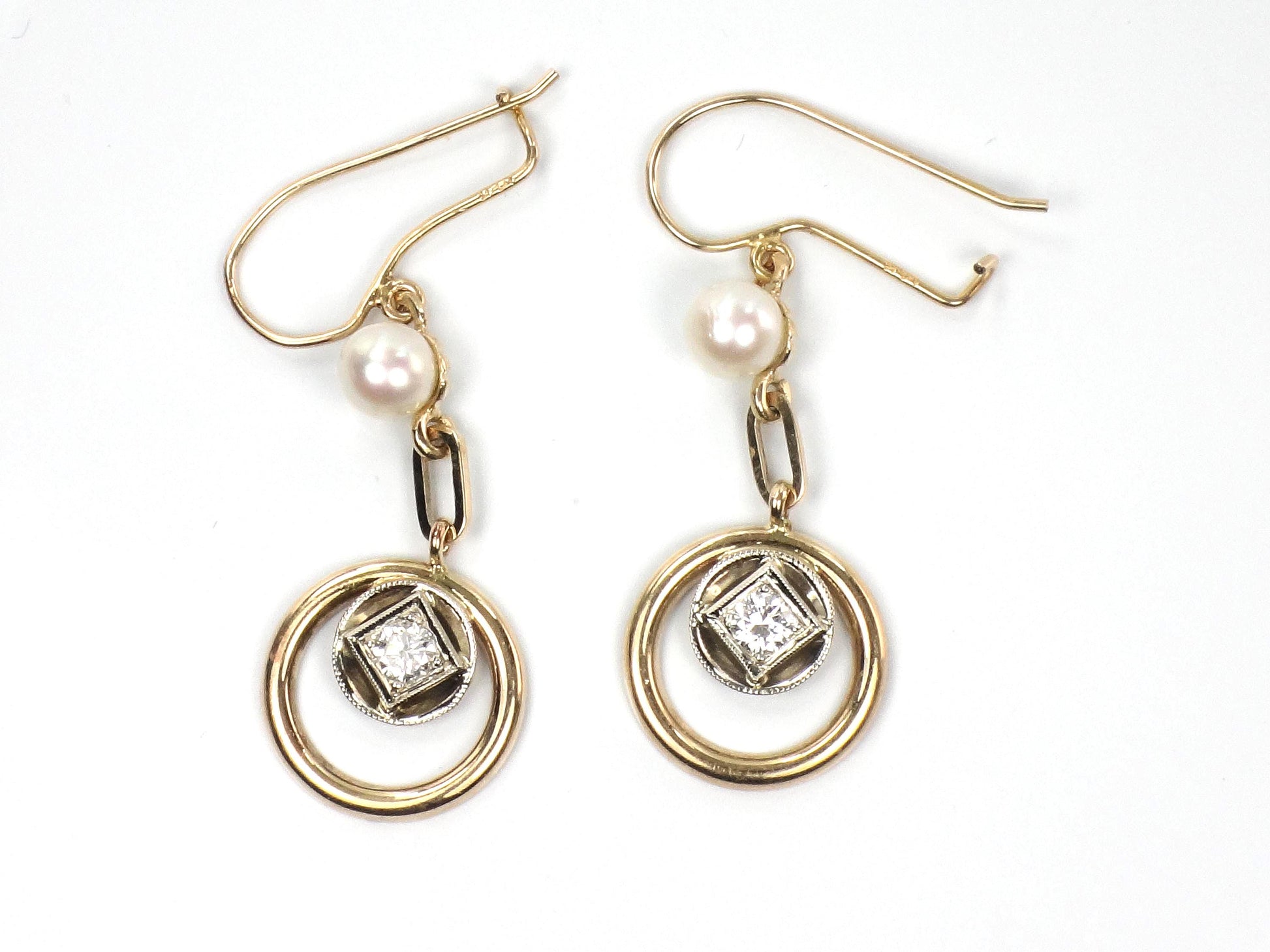 Vintage 14k Gold Diamond and Pearl Dangle Earrings-BelmarJewelers